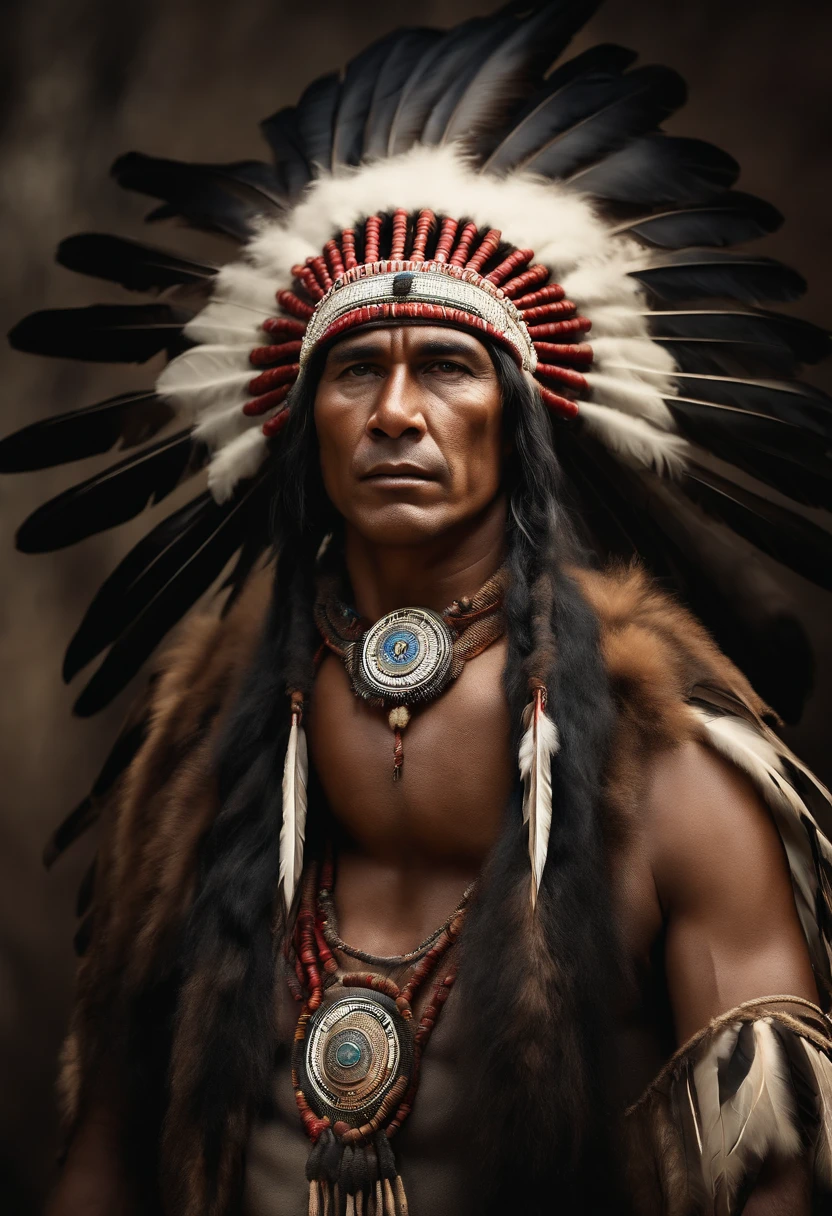 Hyperrealistic cinematic image of a native Indian with feathers on his head, Arte nativa americana, Indian warrior, Nativo americano, Guerreiro nativo americano, Arte nativa, Um guerreiro nativo americano, indigenous man, eagle feather, Guerreiro habilidoso do Apache, warrior spirit, american indian headdress, indigenous art, : native american shamen fantasy, Indigenous, native american folk art, Fotografia de arte indianarrealista, fotografia, obra-prima, realista, Realismo, renderizado, Alto contraste, digital art photographyrealistic trend in Artstation 8k HD high definition detailed realistic, detalhado, textura da pele, hiper detalhado, textura de pele realista, armadura, melhor qualidade, ultra high-resolution, (fotografiarrealista: 1.4), alta resolução, detalhado, Calado bruto, sharp re, por lee jeffries Nikon D850 Filme Fotografia de Stock 4 Kodak Portra 400 Lente F1.6 Rich Colors Realistic Texture Dramatic Texture Dramatic Lighting Irrealengine Trend on Artstation Cinestill 800