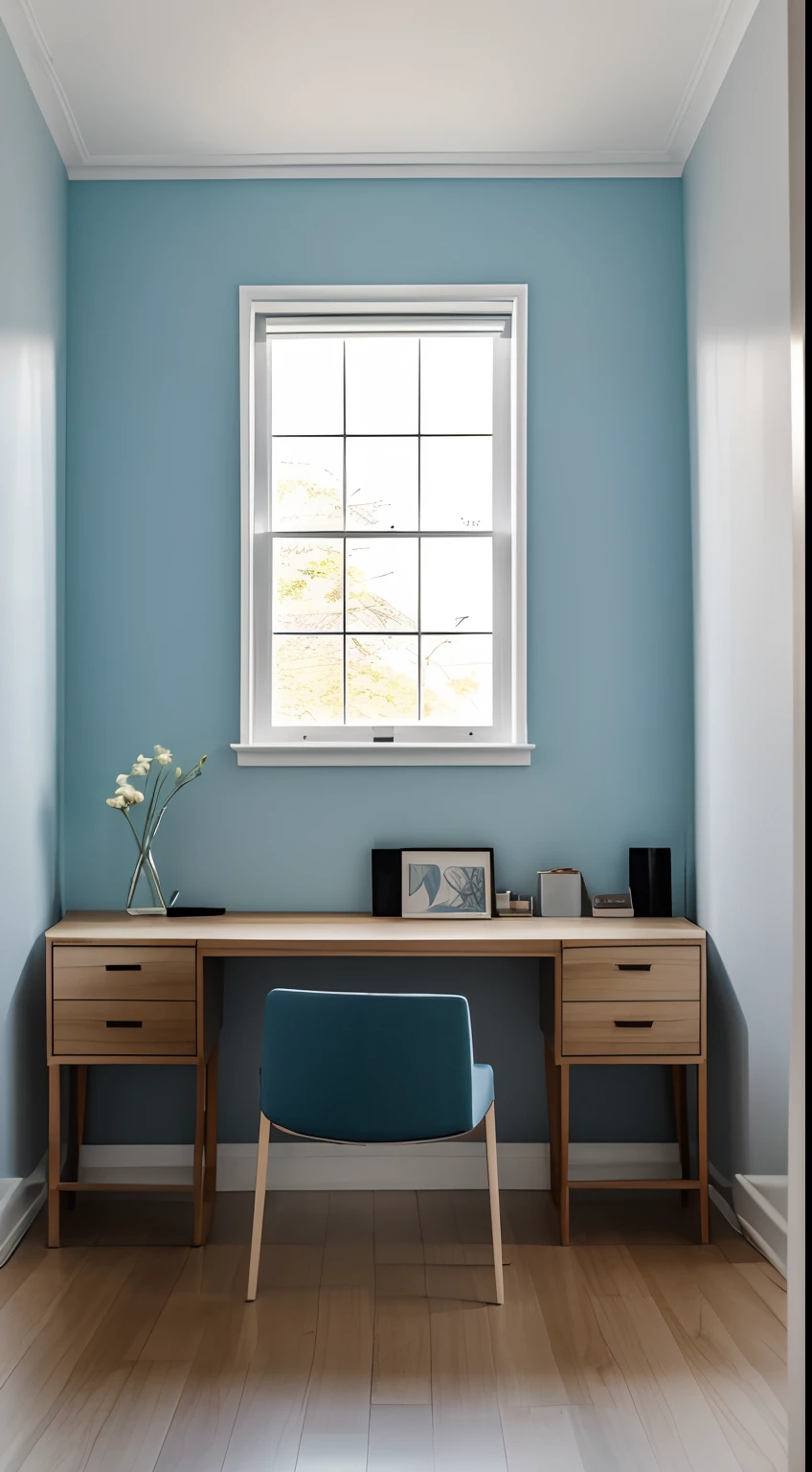 A work room with minimal furniture and no people, featuring only one vase, one painting, and one drawer, Without sofa. The walls are painted in a Blue Diamond color(RGB code: (R: 76, G: 288, B: 288) Hex : #4CE4E4). The overall color tone of the room is consistent. without any direct sunlight or daylight effect. Tags: one vase, one painting, one drawer, minimal furniture,, one-tone color scheme, no sun, no daylight. From the point of view of a person in front of a parallel wall of the camera, for background