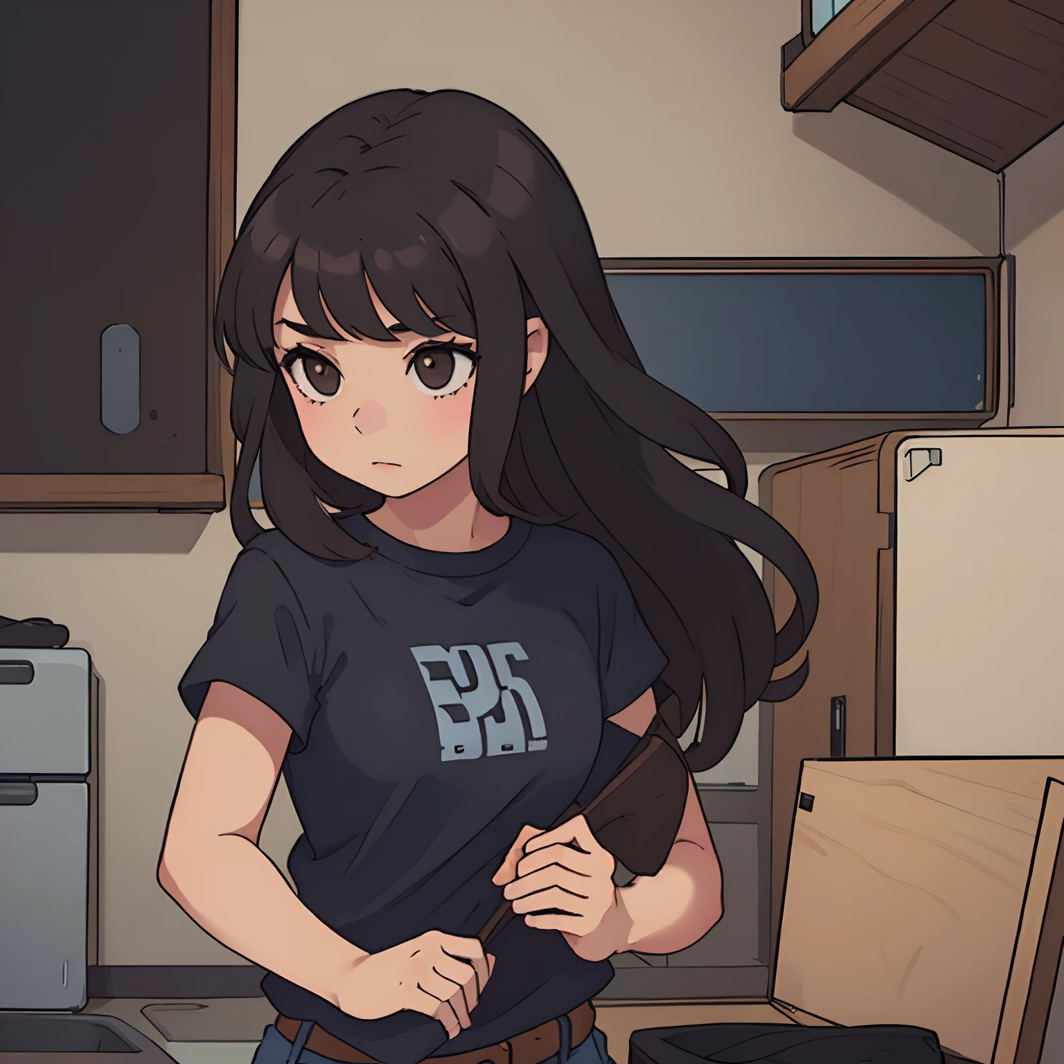 A young girl, dark brown hair with dark blue hair tips, brown eyes and a black top shirt
