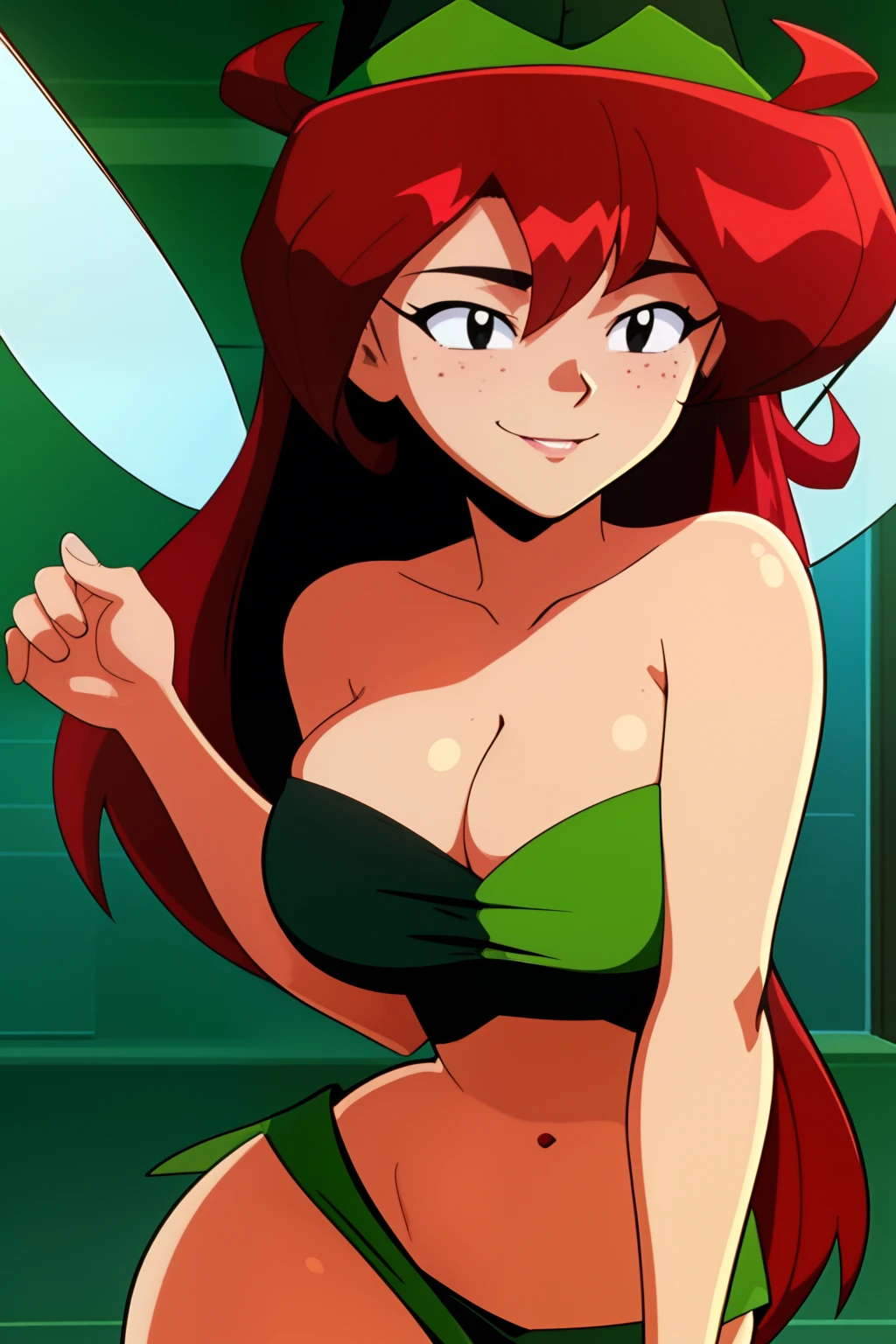 Invincible, masterpiece, best quality, 1girl, solo, betilla,fairy, black eyes, red hair, long hair, freckles, large breast, cleavage, green dress, green hat, wings, smile, tube top,masterpiece, best quality:1.2), upper body, 1girl, masterpiece, best quality, 4k, photograph, cinemtaic lighting, modelshoot, perfect lighting, perfect detailed face, professional photoshoot, seductive smile, wide hips, thick thighs, short female,forest, mid riff, evangelion anime style, anime screencap, 1990s_\(style\)