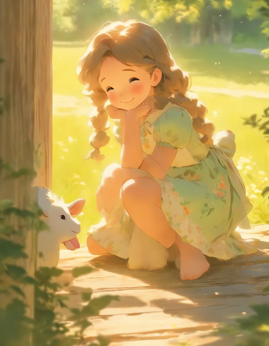 The little orphan girl sitting on the porch,watching her grandad make cheese from fresh goat's milk,happily assisting him in her own way.(best quality,4k,8k,highres,masterpiece:1.2),ultra-detailed,(realistic,photorealistic,photo-realistic:1.37),nostalgic,soft lighting,subtle shadows,vivid colors,captured moment,beautiful smile,expressive eyes,curious gaze,weathered wooden porch,faded floral patterns on her dress,tattered stuffed animal,playful interaction,warm sunlight streaming through the trees,gentle breeze rustling her hair,enchanted atmosphere,magical childhood,emotional storytelling,apelike innocence,callback to rural life,meaningful bond between generations,family legacy,farm life,traditional craft,handmade cheese,smell of fresh milk,authentic countryside charm,joyful connection with nature,serene simplicity,green pastoral landscape,peaceful countryside soundscape