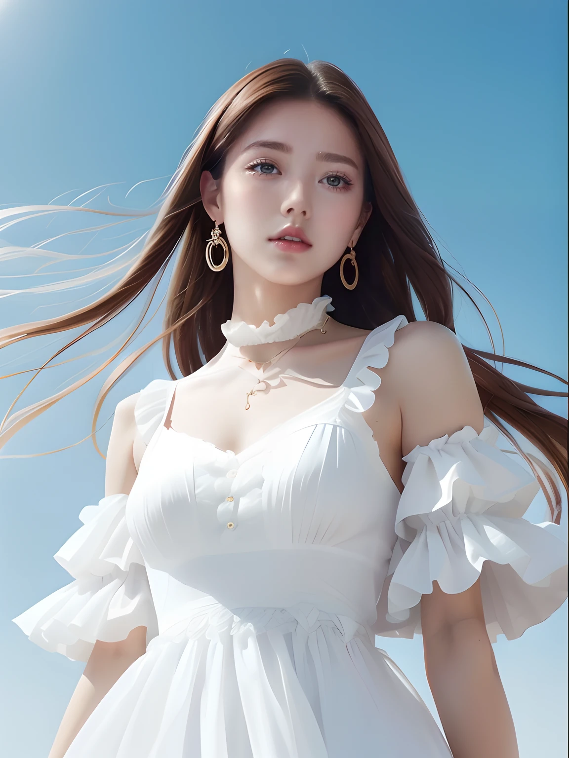 4K、 ​masterpiece, top-quality, 8K, absurderes, beautiful a girl, Clean face, looking at the viewers, A smile, (Dresses of whitish color,:1.7), Ruby Earrings, ruby ​​necklace, Teen, cute little, (Glitter and smoky red eyeshadow and glitter, glazed pinkish red lips:0.8), A hyper-realistic, hight resolution, a picture, film grains, chromatic abberation, foco nítido, nffsw, face lights, Dynamic lighting, 电影灯光, Professional Shadows, simple background, (Dull blue background:1.3)、highestdetailed、Extreme details、ultra-detailliert、detaile、authentic skin、delicated facial features、detailed faces and eyes、Sharp pupils、Realistic pupils、(Black eye:1.0),full body Esbian、waistline、Slim type、