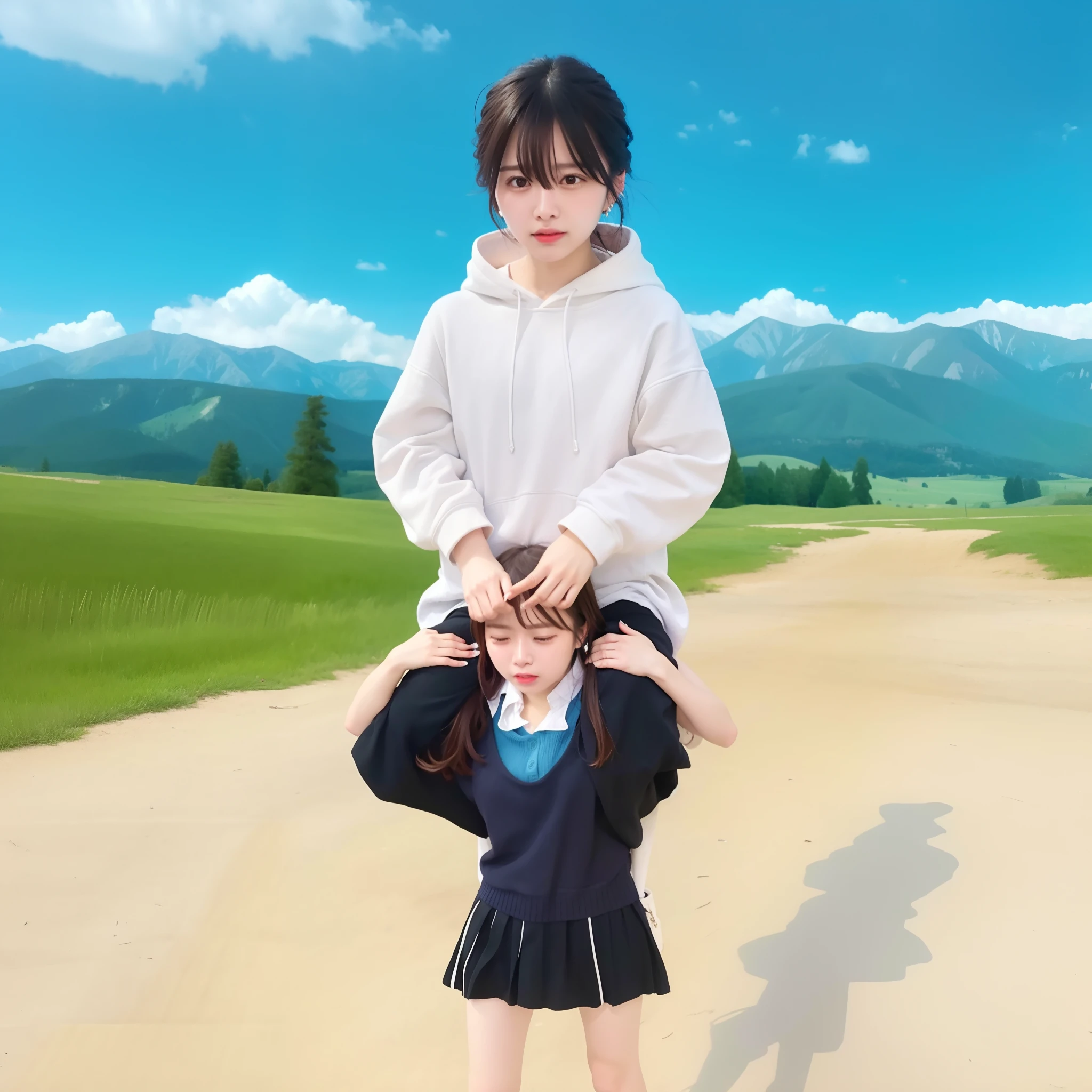 shoulder ride, RAW photo, best quality, realistic, photo-realistic, masterpiece,detail, struggling, crying,