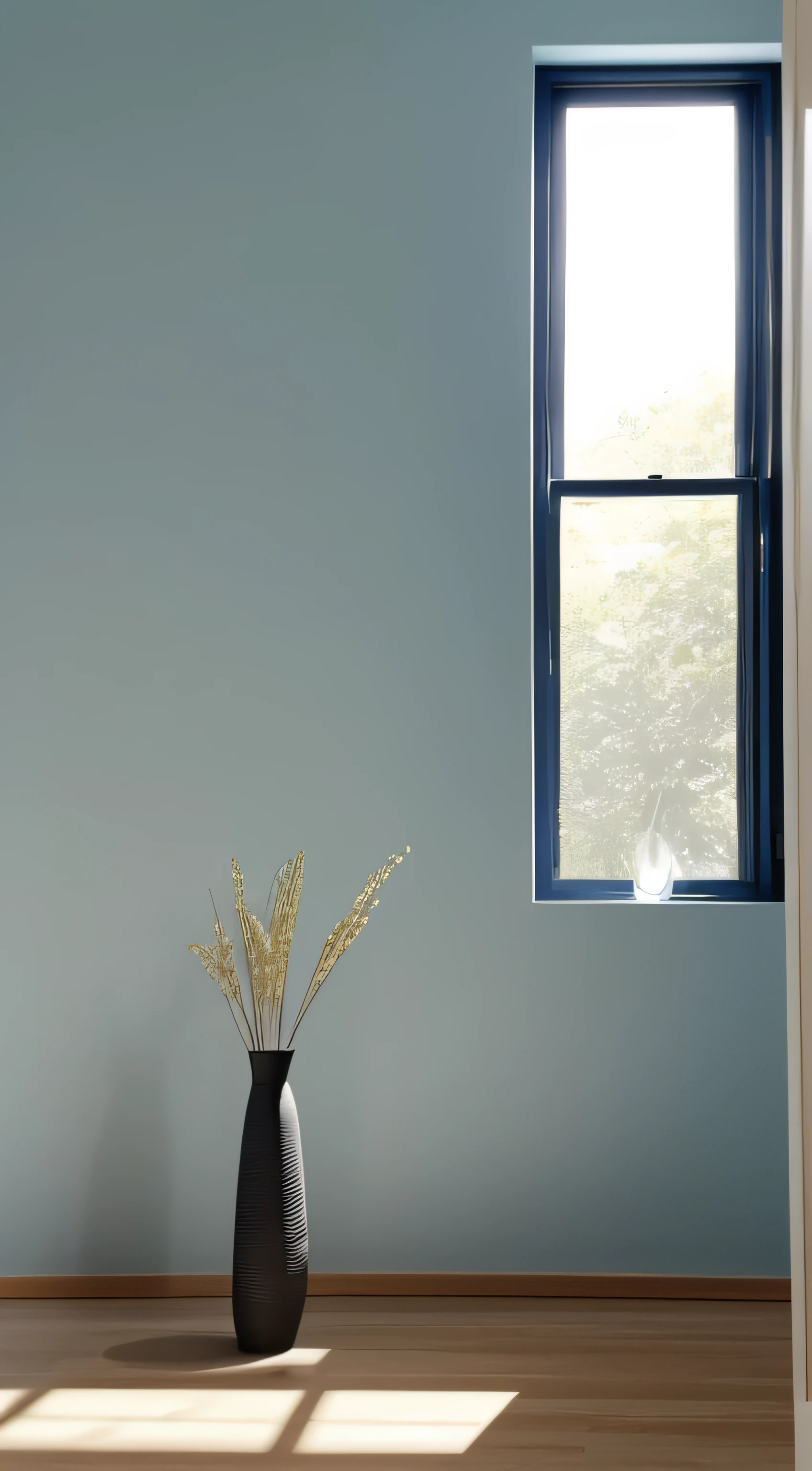 A work room with minimal furniture and no people, featuring only one vase, one painting, and one drawer, Without sofa. The walls are painted in a Blue Diamond color(RGB code: (R: 76, G: 288, B: 288) Hex : #4CE4E4). The overall color tone of the room is consistent. without any direct sunlight or daylight effect. Tags: one vase, one painting, one drawer, minimal furniture,, one-tone color scheme, no sun, no daylight. From the point of view of a person in front of a parallel wall of the camera, for background