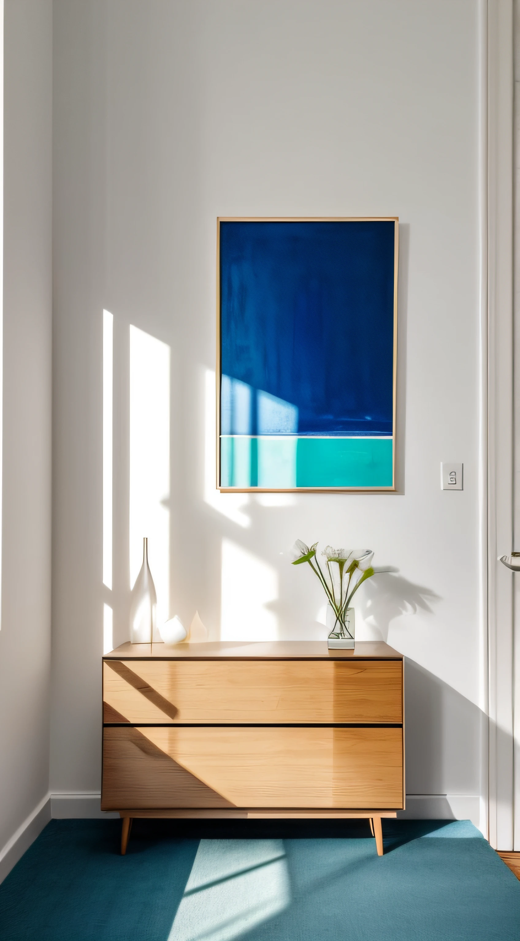 A room with minimal furniture and no people, featuring only one vase, one painting, and one drawer, Without sofa. The walls are painted in a Blue Diamond color(RGB code: (R: 76, G: 288, B: 288) Hex : #4CE4E4). The overall color tone of the room is consistent. without any direct sunlight or daylight effect. Tags: one vase, one painting, one drawer, minimal furniture,, one-tone color scheme, no sun, no daylight. From the point of view of a person in front of a parallel wall of the camera, for background