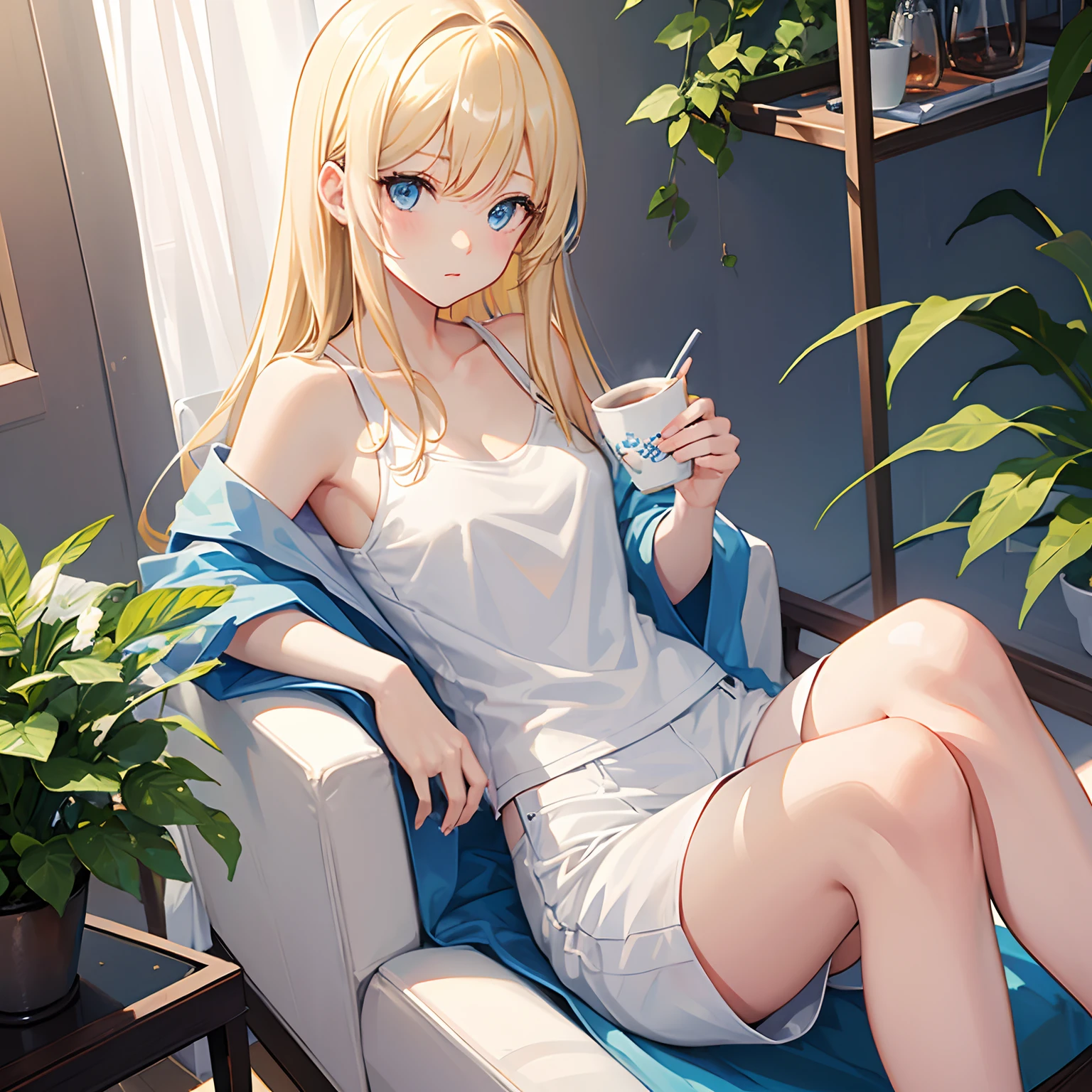 A girl,Blonde hair,mid - length hair,Loose hair,blue color eyes,white camisole,short white pants,sit on chair,Reclining on the back of your chair,Two hands holding a cup of coffee,unwind,Eyes narrowed slightly,Pleasant expression,in the early morning,tmasterpiece