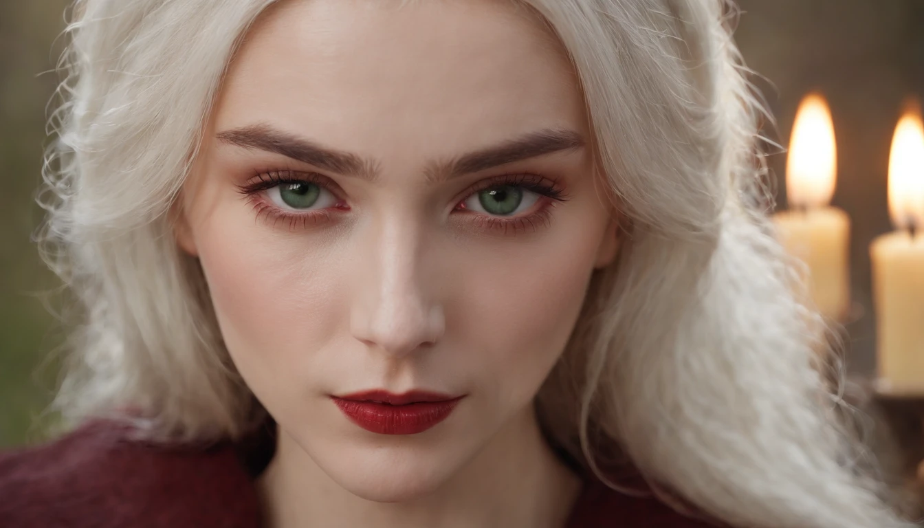 (((a deep reddish wound crosses her left cheek))) fair complexion,man around 19 years old, natural white hair, distinctive green eyes, slender and graceful, handsome, candlelight in a medieval setting, ultra sharp focus, realistic shot, medieval female clothes, tetradic colors (scar:1.4)