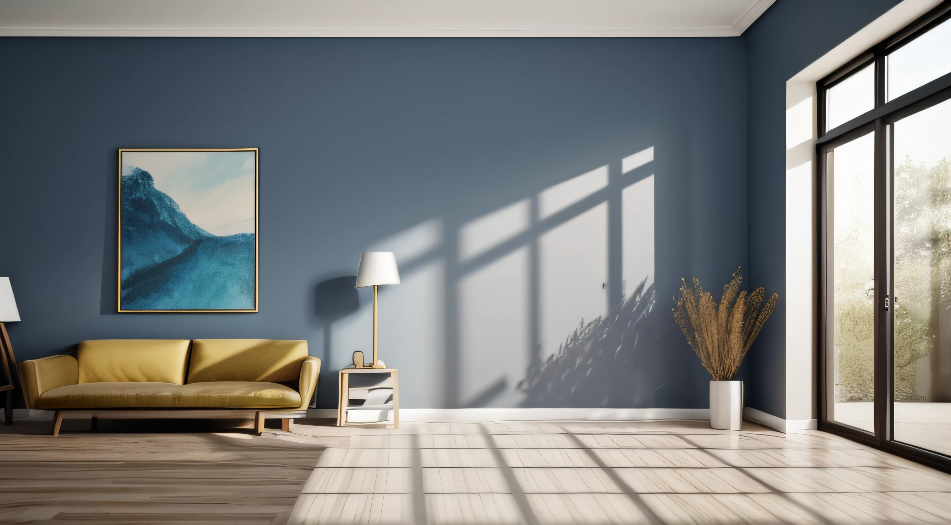 A work room with minimal furniture and no people, featuring only one vase, one painting, and one drawer, Without sofa. The walls are painted in a Blue Diamond color(RGB code: (R: 76, G: 288, B: 288) Hex : #4CE4E4). The overall color tone of the room is consistent. without any direct sunlight or daylight effect. Tags: one vase, one painting, one drawer, minimal furniture,, one-tone color scheme, no sun, no daylight. From the point of view of a person in front of a parallel wall of the camera, for background