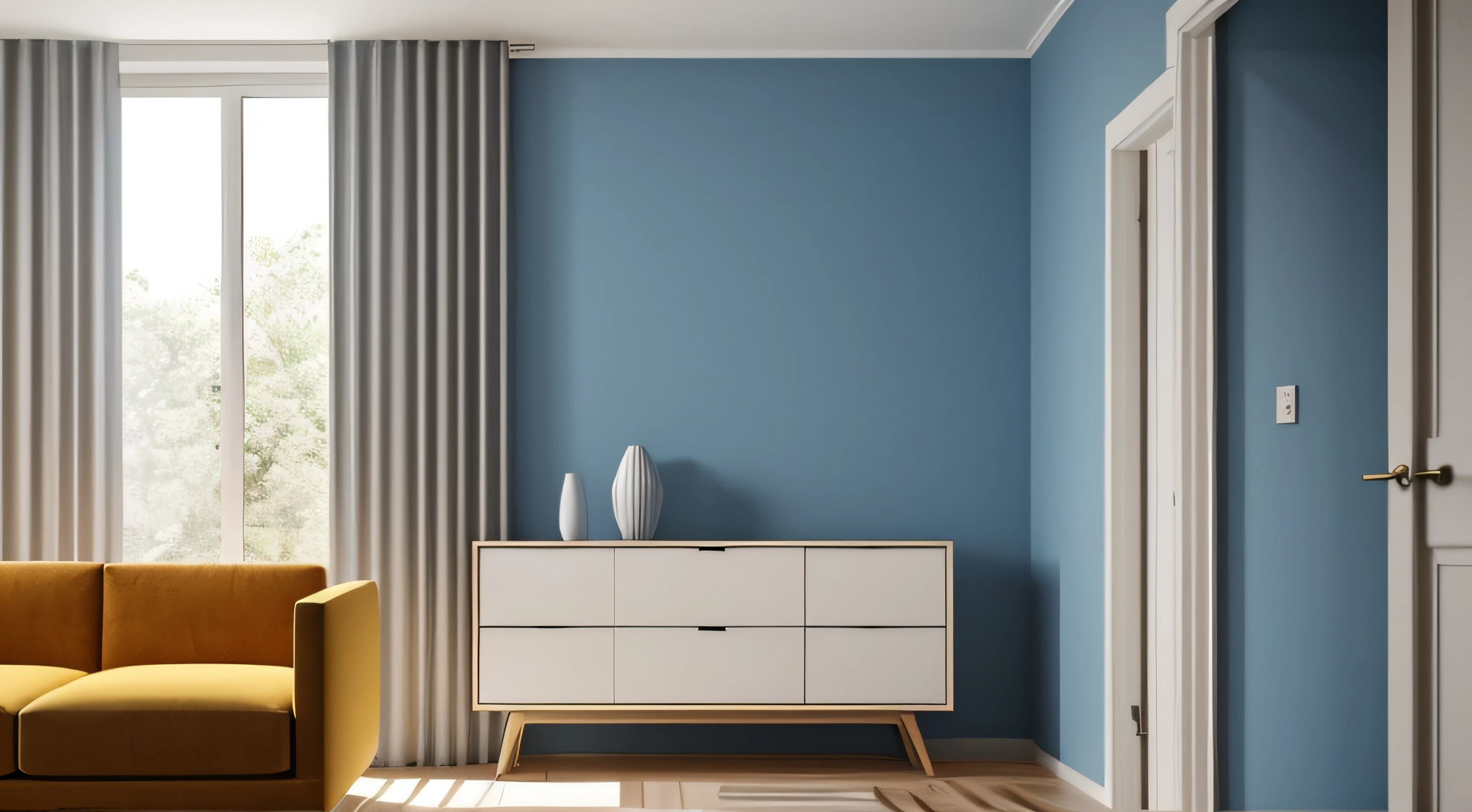 A work room with minimal furniture and no people, featuring only one vase, one painting, and one drawer, Without sofa. The walls are painted in a Blue Diamond color(RGB code: (R: 76, G: 288, B: 288) Hex : #4CE4E4). The overall color tone of the room is consistent. without any direct sunlight or daylight effect. Tags: one vase, one painting, one drawer, minimal furniture,, one-tone color scheme, no sun, no daylight. From the point of view of a person in front of a parallel wall of the camera, for background