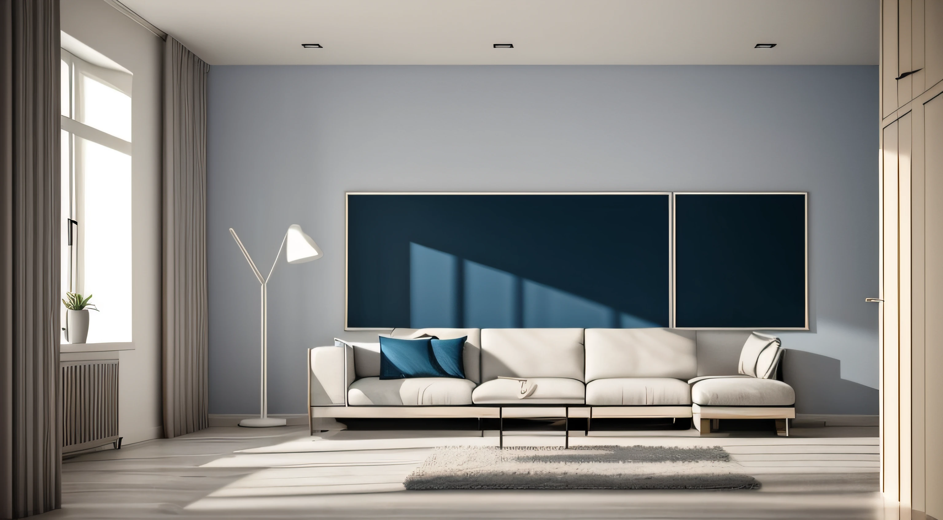 A work room with minimal furniture and no people, featuring only one vase, one painting, and one drawer, Without sofa. The walls are painted in a Blue Diamond color(RGB code: (R: 76, G: 288, B: 288) Hex : #4CE4E4). The overall color tone of the room is consistent. without any direct sunlight or daylight effect. Tags: one vase, one painting, one drawer, minimal furniture,, one-tone color scheme, no sun, no daylight. From the point of view of a person in front of a parallel wall of the camera, for background