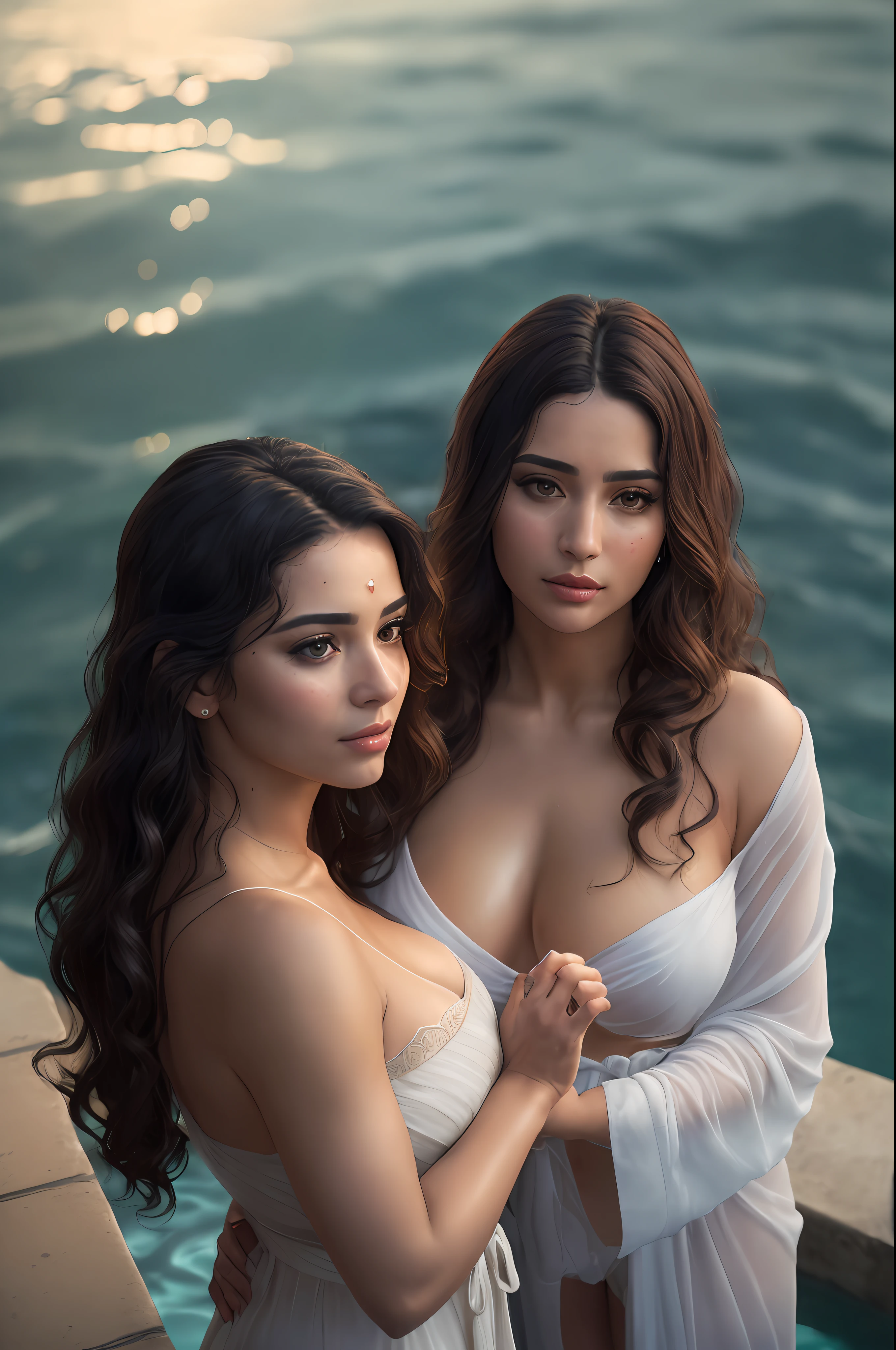 Cinematic film still from fantasy, full body, of ((beautiful woman)), (greek skin), looking at viewer, (wearing robe (flowing goddess attire), (loose robe)), (open, (saggy firm breasts), seductive look, motherly, hard, wide hips,((detailed facial features)), alluring brown eyes, smooth belly, (transparent clothes),(detailed skin), long wavy hair, (ocean base:1.2), damp, moist, intricate details, shallow depth of field, cinematic lighting, reflections, photographed on a Leica 10772 M-P, 50mm lens, F/2.8, HDR, 8k resolution, disciples, worshippers, royal bath, submerged, back view,