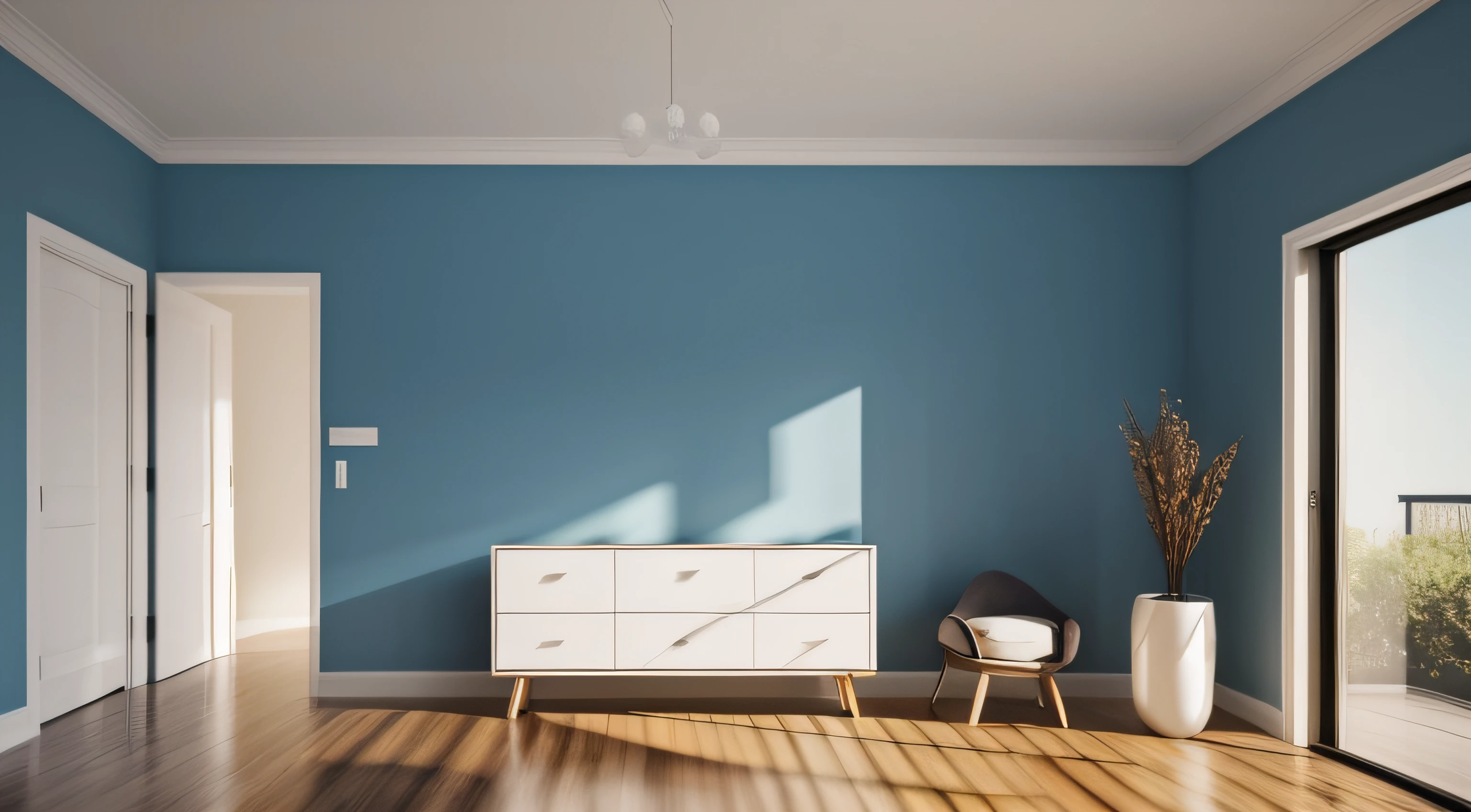 A work room with minimal furniture and no people, featuring only one vase, one painting, and one drawer, Without sofa. The walls are painted in a Blue Diamond color(RGB code: (R: 76, G: 288, B: 288) Hex : #4CE4E4). The overall color tone of the room is consistent. without any direct sunlight or daylight effect. Tags: one vase, one painting, one drawer, minimal furniture,, one-tone color scheme, no sun, no daylight. From the point of view of a person in front of a parallel wall of the camera, for background
