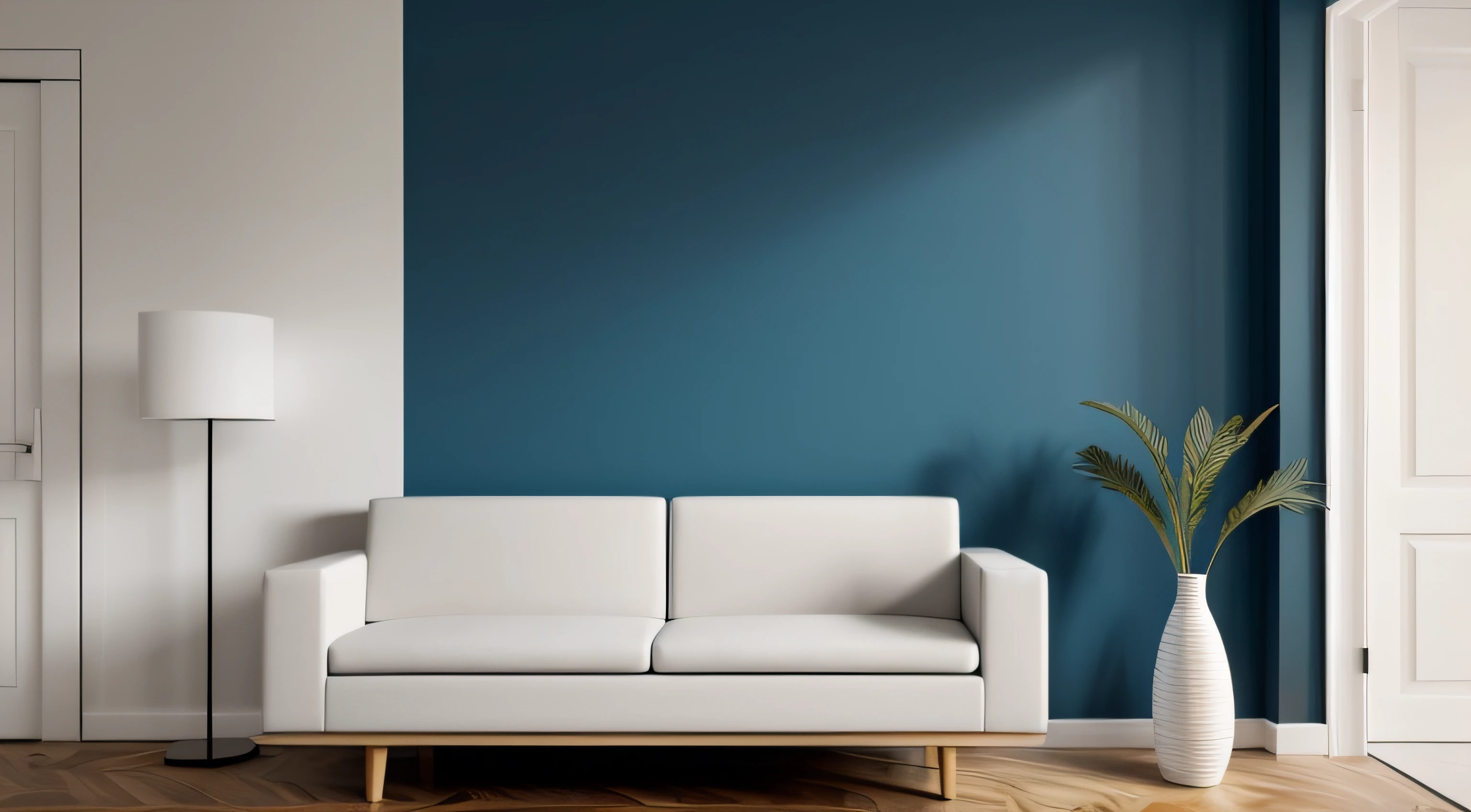 A work room with minimal furniture and no people, featuring only one vase, one painting, and one drawer, Without sofa. The walls are painted in a Blue Diamond color(RGB code: (R: 76, G: 288, B: 288) Hex : #4CE4E4). The overall color tone of the room is consistent. without any direct sunlight or daylight effect. Tags: one vase, one painting, one drawer, minimal furniture,, one-tone color scheme, no sun, no daylight. From the point of view of a person in front of a parallel wall of the camera, for background