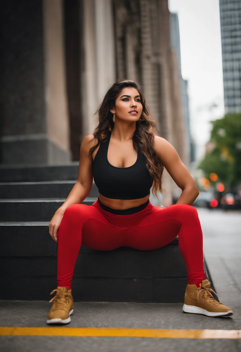 arabic girl in a black top and red pants, yellow eyes, pony tail, on a Chicago city street, crop shirt and strong abs, full body length shot, red gold and black outfit, converse, fitness model, gorgeous female, athletic fashion photography, full body close-up shot, portrait of modern darna, fit curvy physique, red and gold, by Natasha Tan, profile image, gold and red, araffe woman in a black top and red pants on a Chicago city street, a portrait by Natasha Tan, trending on cg society, arabesque, crop shirt and strong abs, full body length shot, red gold and black outfit, fitness model, gorgeous female, full body close-up shot, athletic fashion photography, portrait of modern darna, fit curvy physique, female genie, female djinni, masterpiece