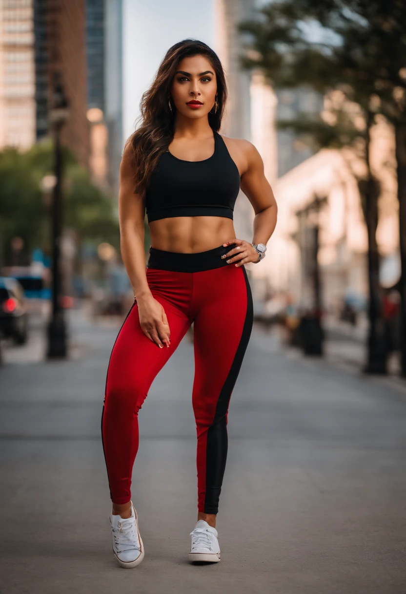 teen arabic girl in a black top and red pants, yellow eyes, pony tail, on a Chicago city street, crop shirt and strong abs, full body length shot, red gold and black outfit, converse, fitness model, gorgeous female, athletic fashion photography, full body close-up shot, portrait of modern darna, fit curvy physique, red and gold, by Natasha Tan, profile image, gold and red, araffe woman in a black top and red pants on a Chicago city street, a portrait by Natasha Tan, trending on cg society, arabesque, crop shirt and strong abs, full body length shot, red gold and black outfit, fitness model, gorgeous female, full body close-up shot, athletic fashion photography, portrait of modern darna, fit curvy physique, female genie, female djinni, masterpiece