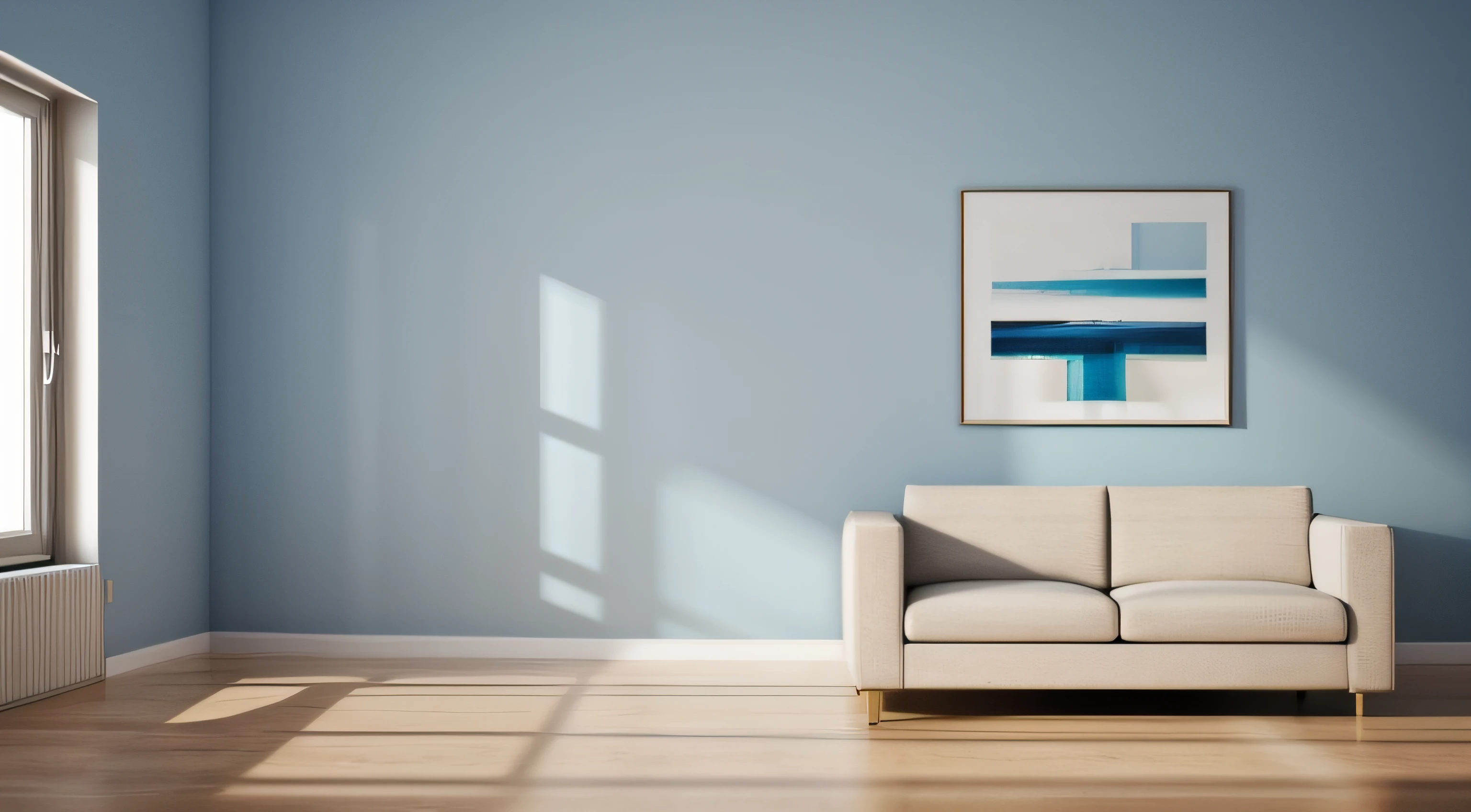 A work room with minimal furniture and no people, featuring only one vase, one painting, and one drawer, Without sofa. The walls are painted in a Blue Diamond color(RGB code: (R: 76, G: 288, B: 288) Hex : #4CE4E4). The overall color tone of the room is consistent. without any direct sunlight or daylight effect. Tags: one vase, one painting, one drawer, minimal furniture,, one-tone color scheme, no sun, no daylight. From the point of view of a person in front of a parallel wall of the camera, for background