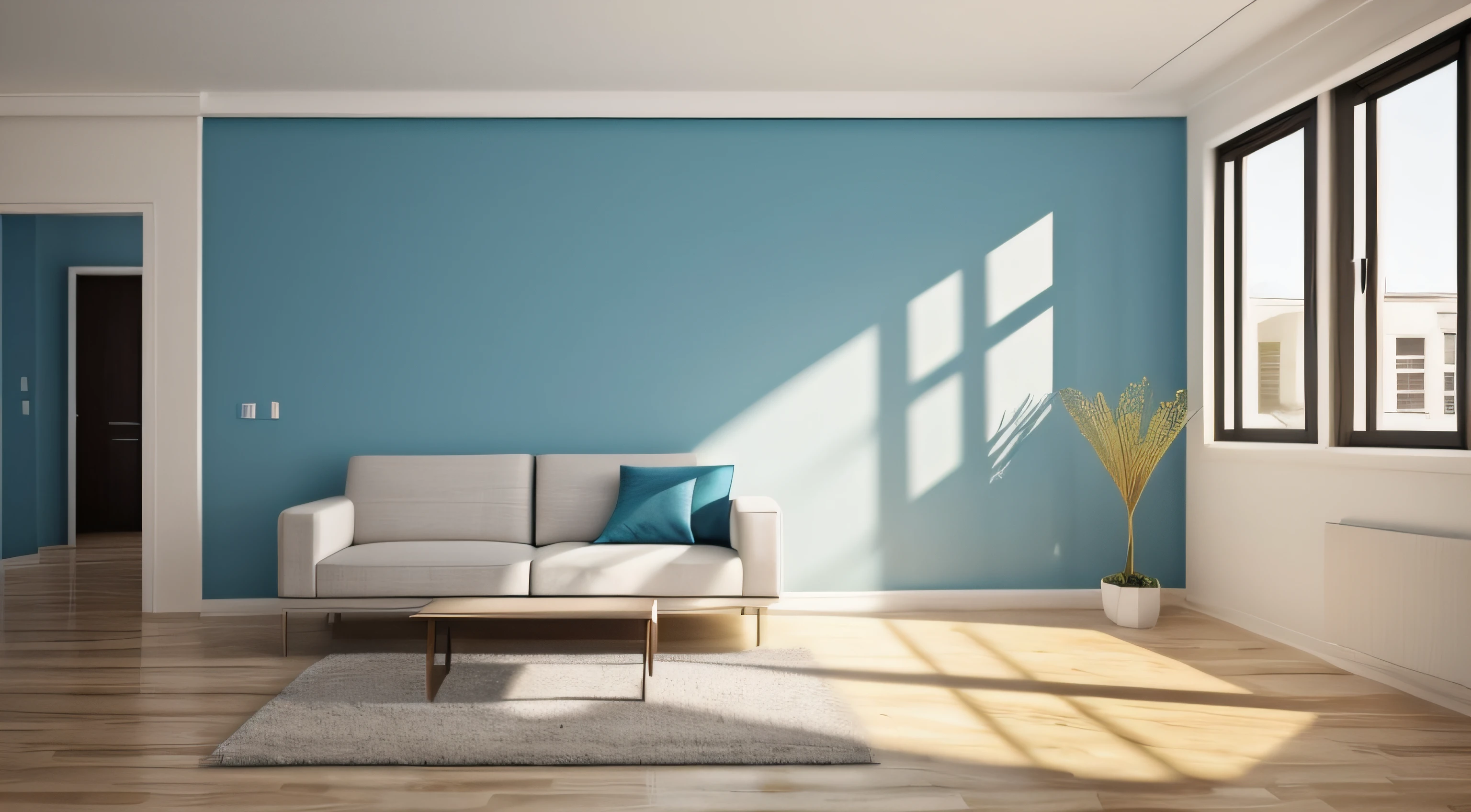 A room with minimal furniture and no people, featuring only one vase, one painting, and one drawer, Without sofa. The walls are painted in a Blue Diamond color(RGB code: (R: 76, G: 288, B: 288) Hex : #4CE4E4). The overall color tone of the room is consistent. without any direct sunlight or daylight effect. Tags: one vase, one painting, one drawer, minimal furniture,, one-tone color scheme, no sun, no daylight. From the point of view of a person in front of a parallel wall of the camera, for background