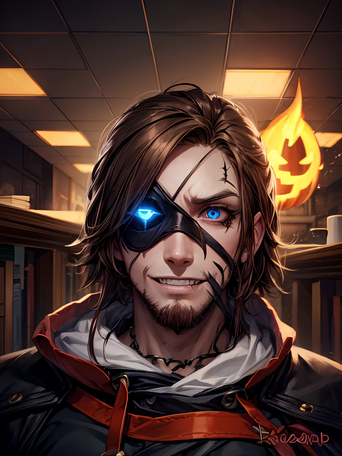 Male classic portrait dark mage Halloween, brown hair, blue eyes, neck scars sews, mad devil , grim insane smile, devil horns flames, eyepatch