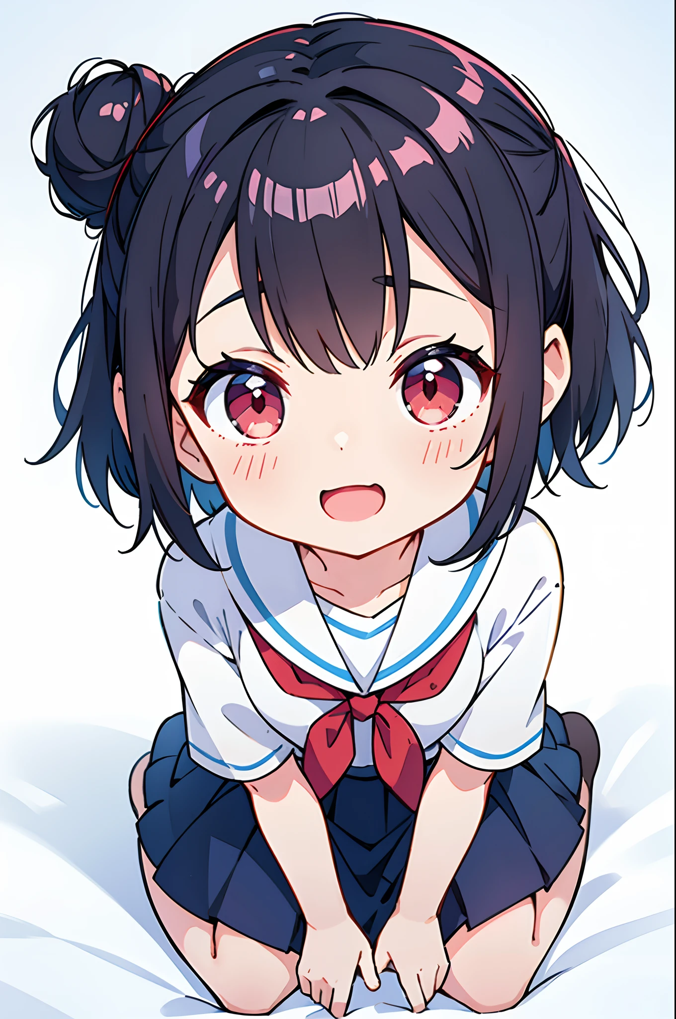 Cute little girl s、Wearing a bright white shirt、Her anime illustration face in soft color palette style、animated gif、Hand-drawn animation、charming sketches、Smooth and shiny background - AR 1:1 - Rainbow 5 - Expressive in style - S 50(Best Quality, masutepiece, Raw photo,Ultra-detailed:1.2),Black hair,Blue Inner Color Bob,Red Eyes,Top image quality,8k,A smile,straight haired,Unraveled hair, The head is near the center of the screen,frontage,a cute loli,full body in view,From the front,1 girl in,Wide Angle,Hair is tied in a bun at the sides,Short hair,fullllbody,Empty background,Opens mouth and laughs,sitting on,