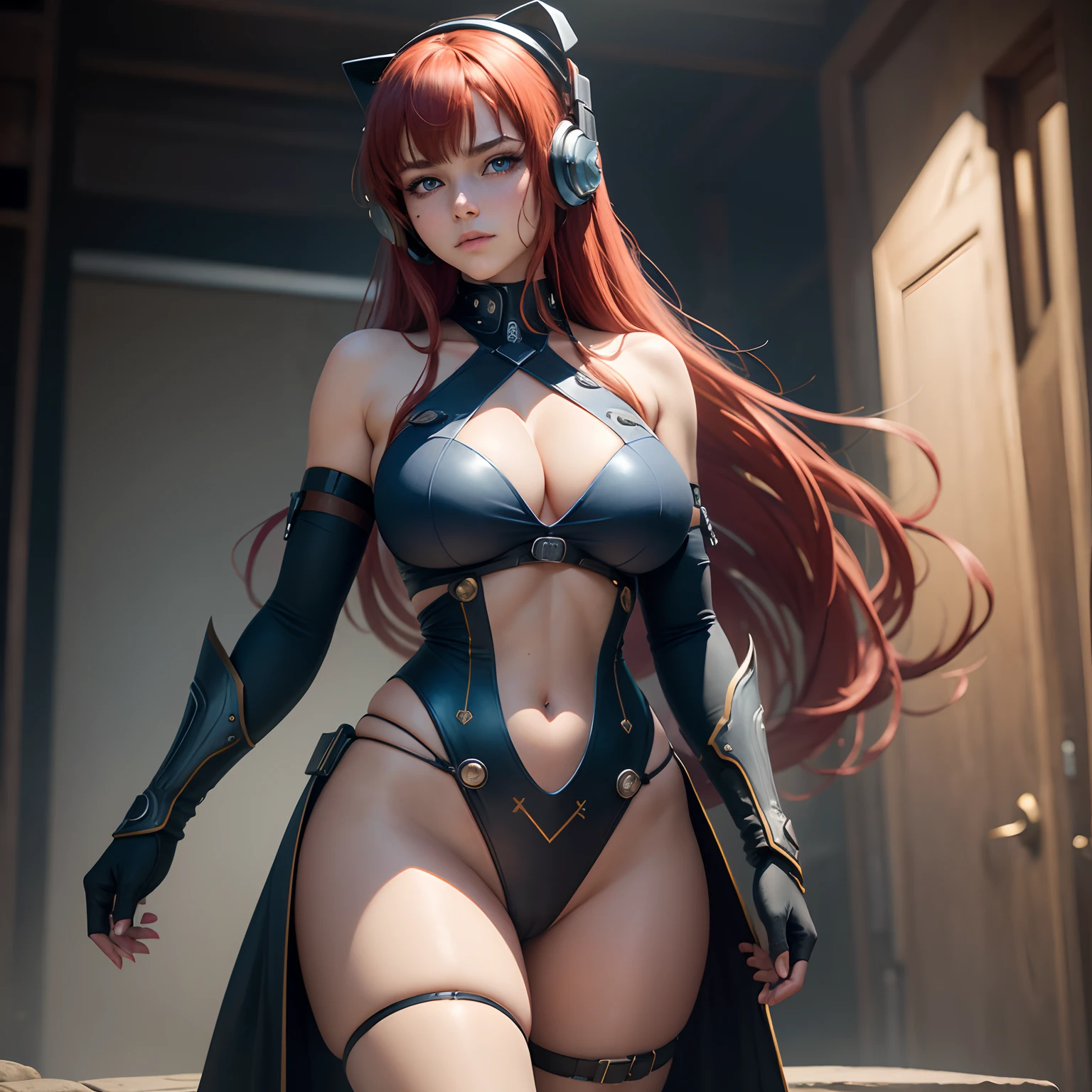 8k, masterpiece, best quality, realistic, higly detailed, cowboy shot, 1girl, solo, miku, emotionless looking girl, medium-length red hair, strands of hair hanging over the right side of her face, a set of wireless headphones that have a triangle-shaped logo on the ear cups around her neck, dark blue eyes, average height, well-endowed figure, large breasts, bangs cover her right eye, Supervillain