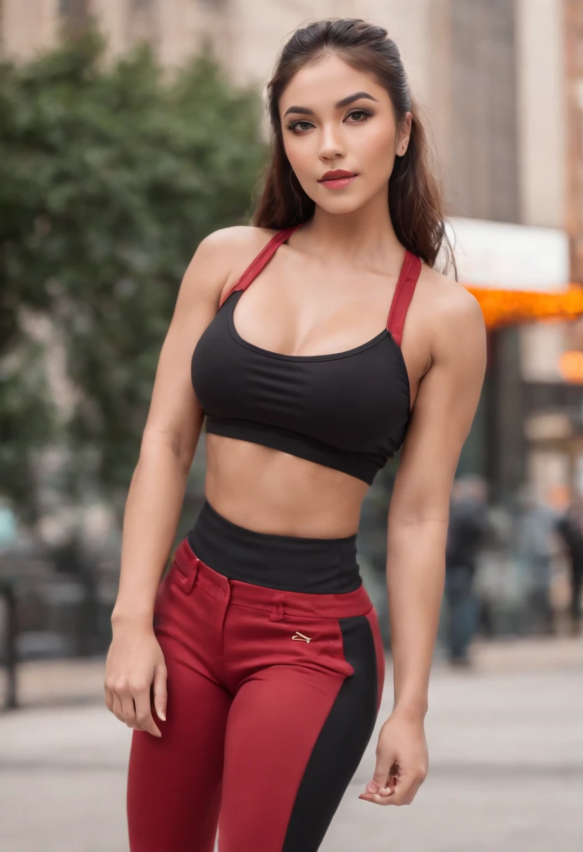 arabic girl in a black top and red pants, yellow eyes, pony tail, on a Chicago city street, crop shirt and strong abs, full body length shot, red gold and black outfit, converse, fitness model, gorgeous female, athletic fashion photography, full body close-up shot, portrait of modern darna, fit curvy physique, red and gold, by Natasha Tan, profile image, gold and red, araffe woman in a black top and red pants on a Chicago city street, a portrait by Natasha Tan, trending on cg society, arabesque, crop shirt and strong abs, full body length shot, red gold and black outfit, fitness model, gorgeous female, full body close-up shot, athletic fashion photography, portrait of modern darna, fit curvy physique, female genie, female djinni, masterpiece