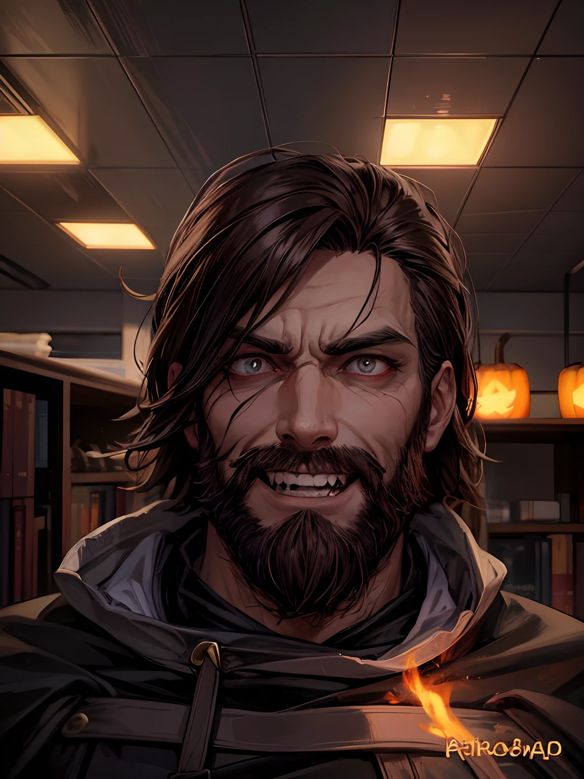 Male classic portrait dark mage Halloween, brown hair, mad devil , grim insane smile, devil horns flames, bearded