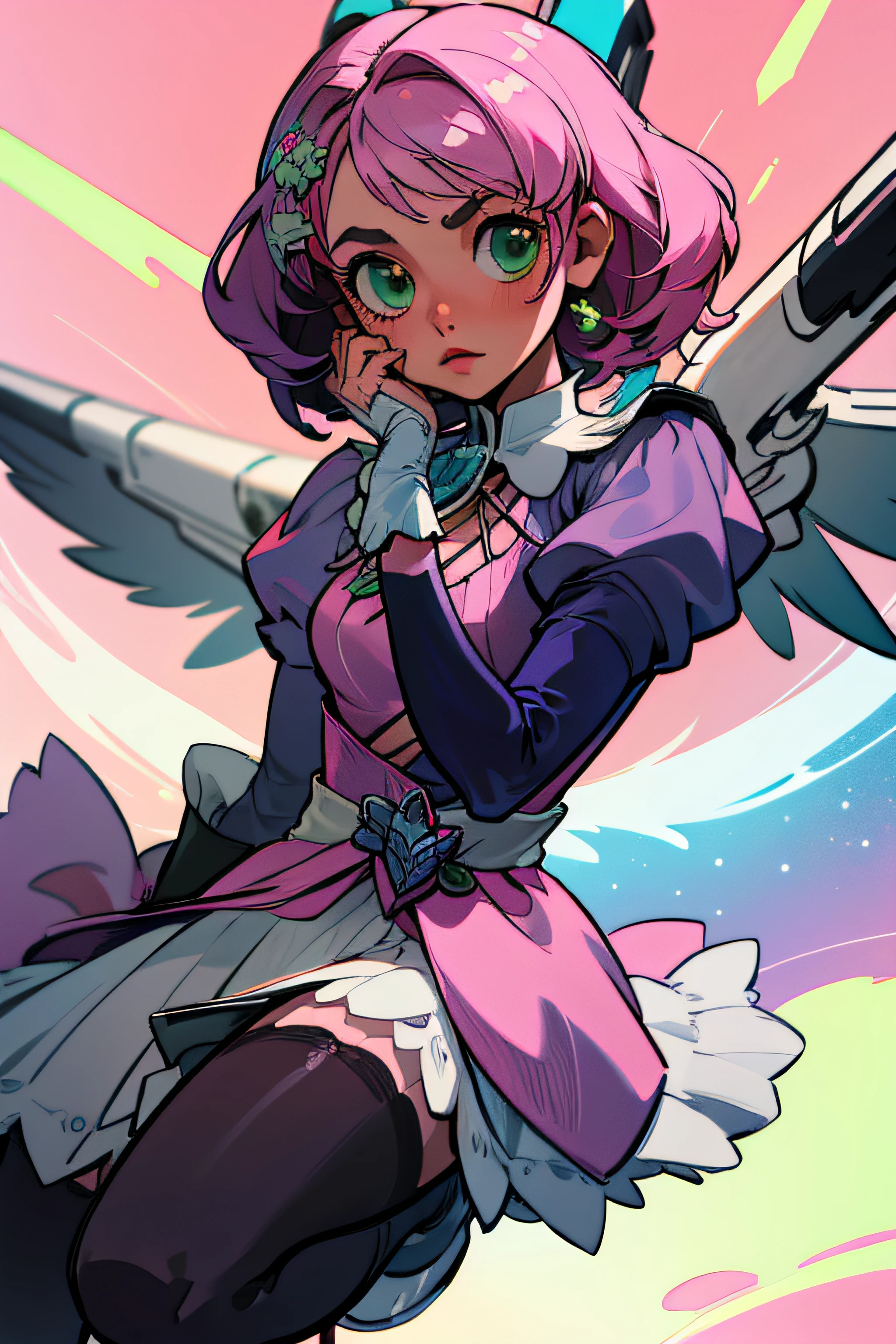 Alisa bosconovitch, melhor qualidade, contemporary, estilo plano, minimalismo, Green Eyes Flat Illustration, cabelo rosa, cabelo curto, cabelos multicoloridos, Camisa Preta, mechanical wings, Head Portrait Close-U, peito pontudo, decote, super decote, middlebreasts, Tekken，cabelo rosa pastel, 1girl, em quimono, hand-painted，Desenho de linha sem cor, Tekken, com roupa de empregada，figura esbelta，robusto，He sat on the floor，Vestido com roupas de empregada rosa e branco，cabelos muito curtos，com orelhas de gato，quadratic element，, kawaii cor-de-rosa na roupa da era de 1910, Alisa Bosconovich pink lips, no estilo da paleta de cores suave aurorapunk, an anime illustration of his face, gifs animados, hand drawn animation, charming sketches, suave e brilhante, romantismo nebuloso, estilo superflat, fundo branco - ar 1:1 - niji 5 - estilo expressivo --s 50
