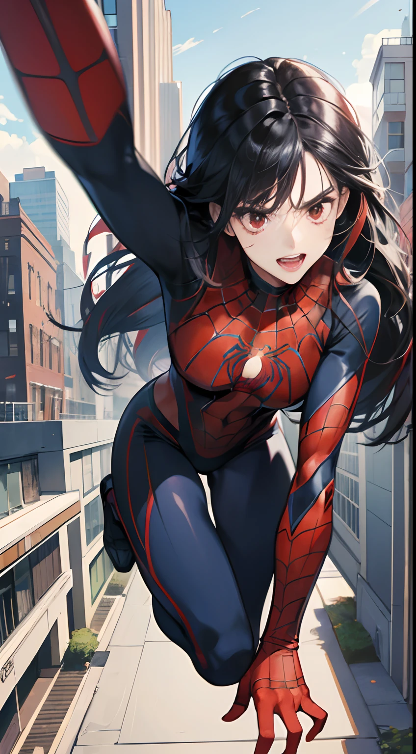 (Best Quality,4K,High resolution), girl with, Red mesh hair on black hair, Long straight hair, sharp eye,Red Eyes、Laugh exhilarating,Spider-Man costume、spider girl、Red and blue spider suit,Spider Hero、The trademark of the spider on the chest、Suit with cobweb decoration、Take the spider silk out of your hands、Comical appearance,noisy,rampage,comic strip,animesque,Comical illustration,Scene of jumping from a building,Exhilarating action movie-like portrayal、Deformed cute illustration