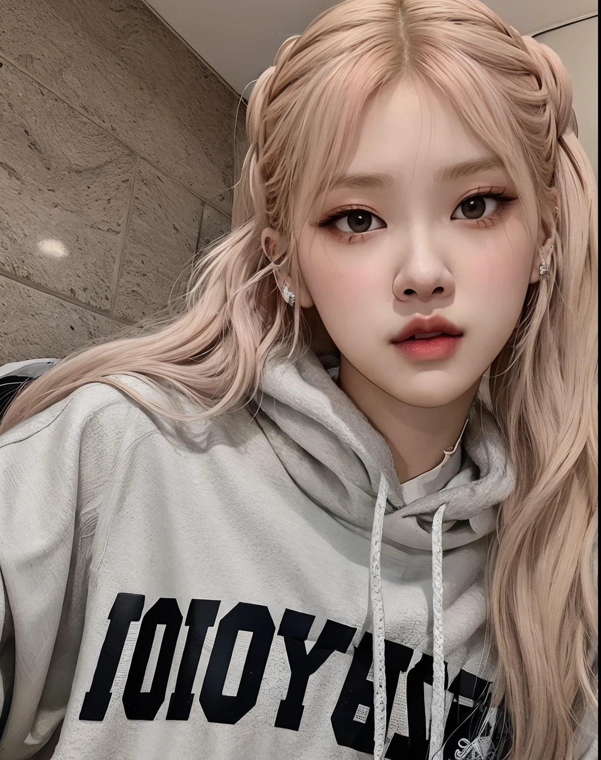 blond girl with long hair and a grey sweatshirt holding a toothbrush, roseanne park of blackpink, jossi of blackpink, portrait of jossi of blackpink, lalisa manoban of blackpink, blackpink jennie, lalisa manobal, jaeyeon nam, heonhwa choe, wan adorable korean face, korean idol, korean girl, her hair is white