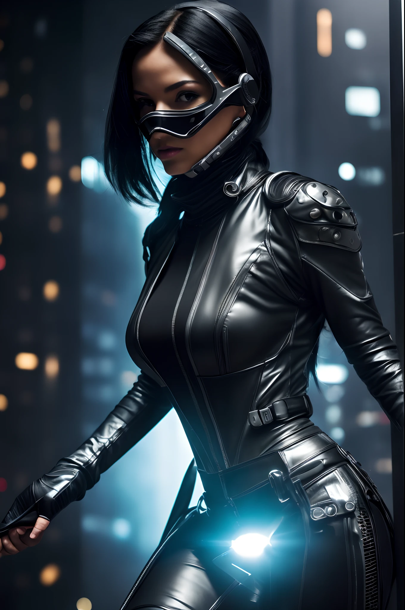 (best quality,4k,highres,ultra-detailed,realistic:1.37),futuristic female assassin, detailed facial features, intense gaze, shiny black hair, gasmask, detailed futuristic silver pistol, chrome metallic corset, shiny white rubber catsuit, sleek and form-fitting, dynamic action pose, cinematic lighting, futuristic urban background, neon lights, sci-fi atmosphere, intense shadows, smoke and fog, high-tech gadgets, mysterious aura