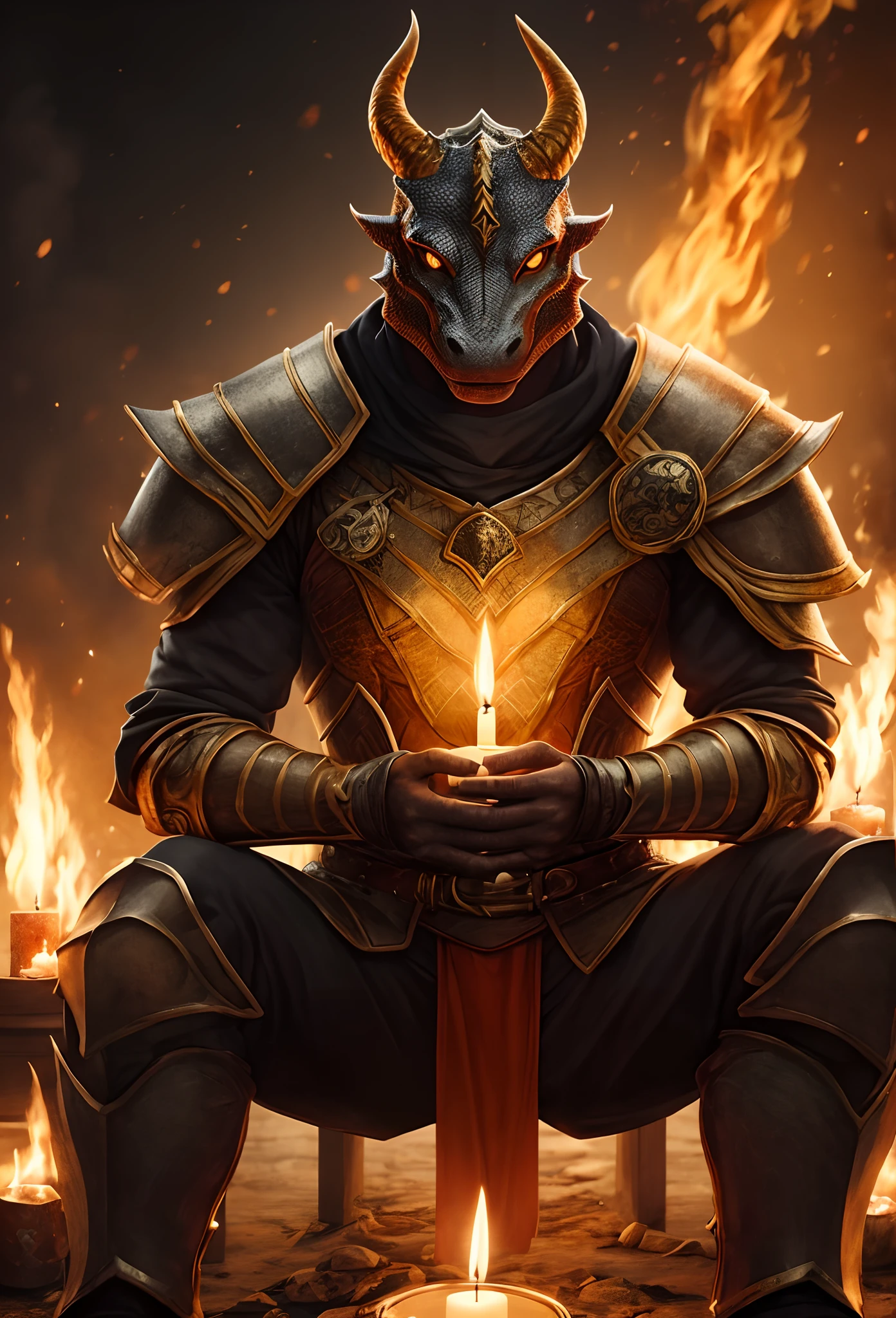 Orange Dragonborn, Solo, male, Holding, Sitting, arma, Male focus, Horns,background in war, Commander warrior dress, Colored skin,  Fire, , Shoulder armor, chest plate, Candle
, ((Masterpiece, Best quality))