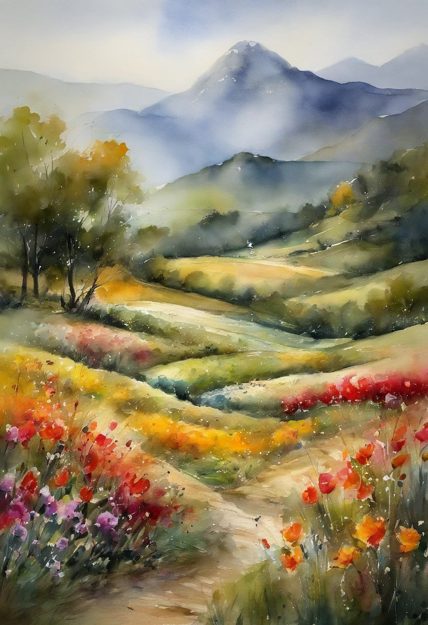 Field with beautiful flowers (close-up cleavage), meditate, Zazen, A meditative (Chinese landscape painting), (ink and watercolor painting), (8k wallpaper), (Light and Shadow Effect), rendering by octane, White balance design, Extremely detailed image representation, Wide angles, depth of fields, masterpiece, realistic, beautifully portrayed, a detailed, accurate, Masterpieces, masterpiece”