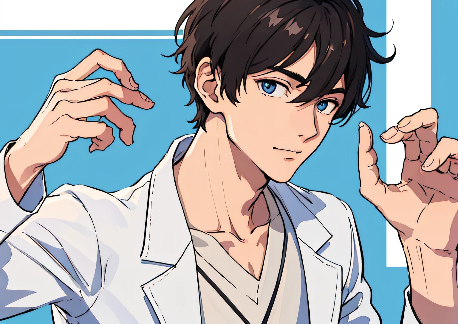 young male doctor, perfect eyes, handsome, very short hair