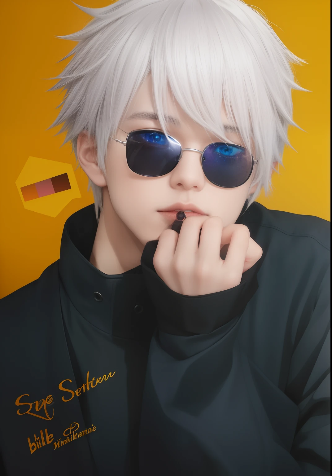 anime guy with white hair and sunglasses posing for a picture, ken kaneki, kaneki ken, made with anime painter studio, white haired, white-haired, killua zoldyck portrait, kaworu nagisa, yoko taro, high quality fanart, a silver haired mad, by Kamisaka Sekka, killua zoldyck black hair, highly defined 8k realistic anime version, highly defined realistic anime, gojo Saturo, blue eyes, black outfit, colourful lightening background