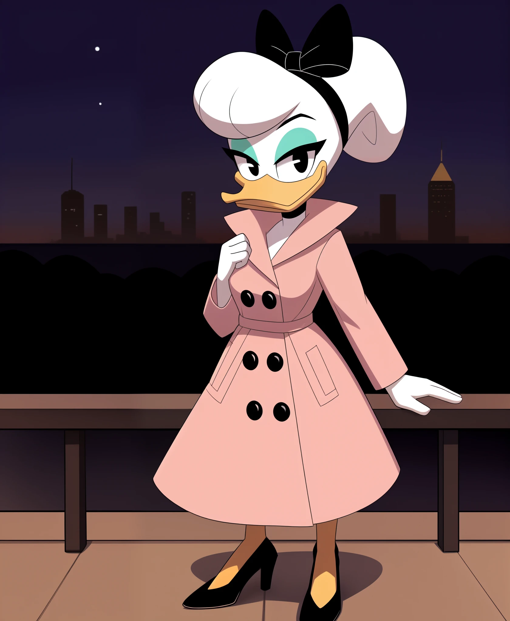 (ducktales:1.2) (ducktales:1.2) (by kyurisawa:1.2) (by chelodoy:1) (by ashraely:1) BREAK daisy duck, beak, white skin, white body, white hair, black centered bow, headband, rounded bangs, hair bun, female, breasts, orange legs,  clothed, clothing, mouth closed, eyeliner, teal eyeshadow, black eyes, outside, cityscape, night (smile, squint:1.3) looking at viewer (pink trench coat) (clothed, black heels:1.2)