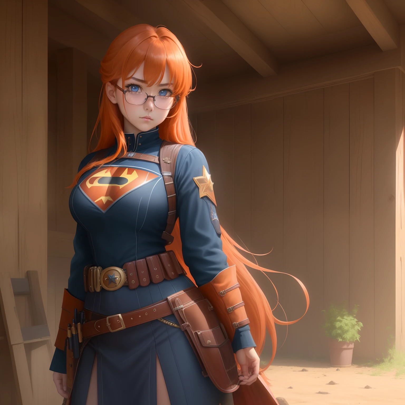 8k, masterpiece, best quality, realistic, higly detailed, cowboy shot, 1girl, solo, itsuki, serious looking girl, medium-length hair, expressive ahoge, reddish-orange hair, a pair of star-shaped hairpins near both of her eyes, dark blue eyes, average height, well-endowed figure, glasses, cute, Superhero