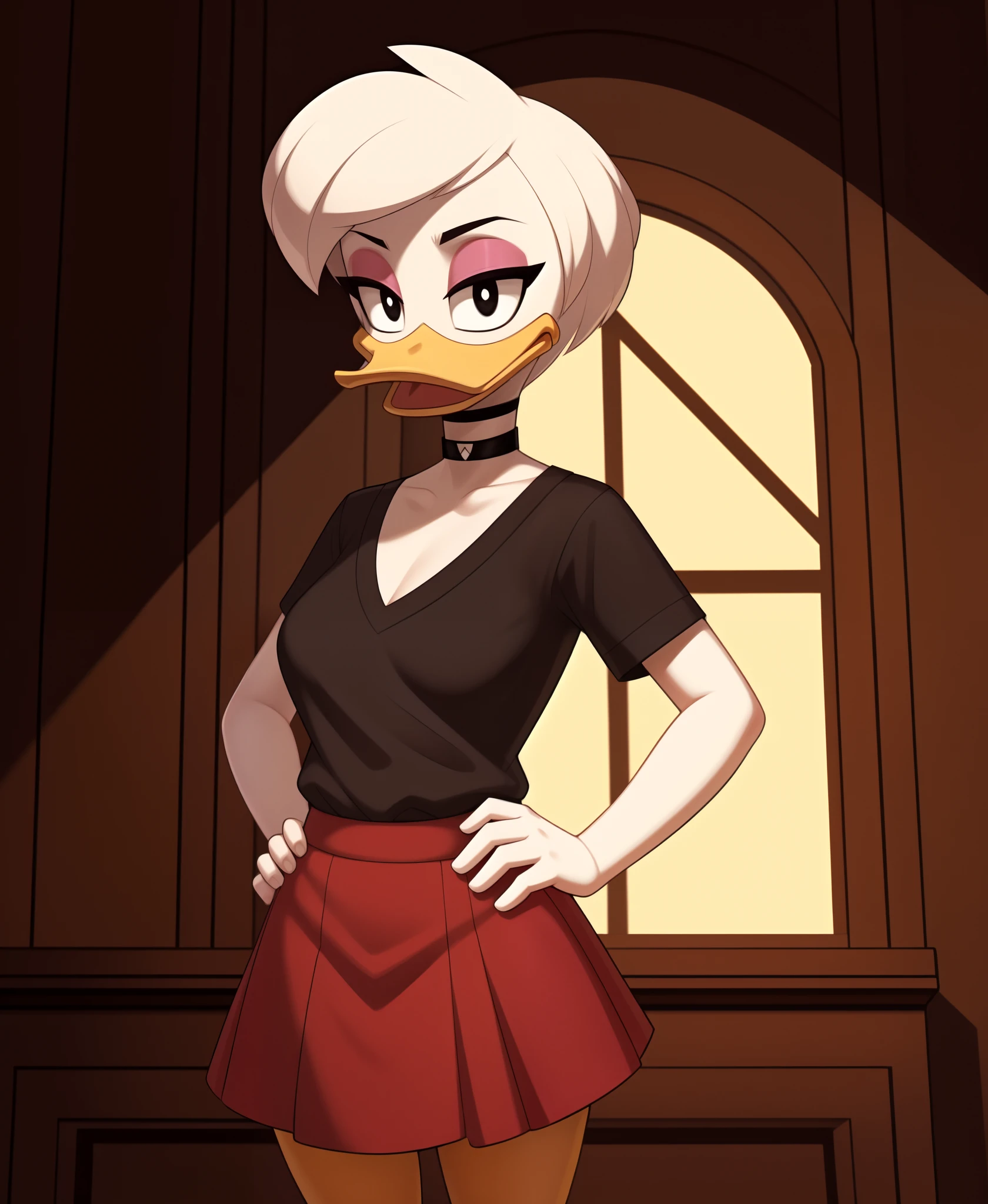 (ducktales:1.2) (ducktales:1.2) (by kyurisawa:1.2) (by chelodoy:1) (by ashraely:1) BREAK daisy duck, beak, white skin, white body, white hair, short hair, female, breasts, orange legs,  clothed, clothing, mouth closed, eyeliner, pink eyeshadow, black eyebrows, black eyes, inside, mansion, night (tired:1.3) looking at viewer (black shirt, choker:1.2) (clothed, red skirt:1.2) hand on hip, open mouth, tongue