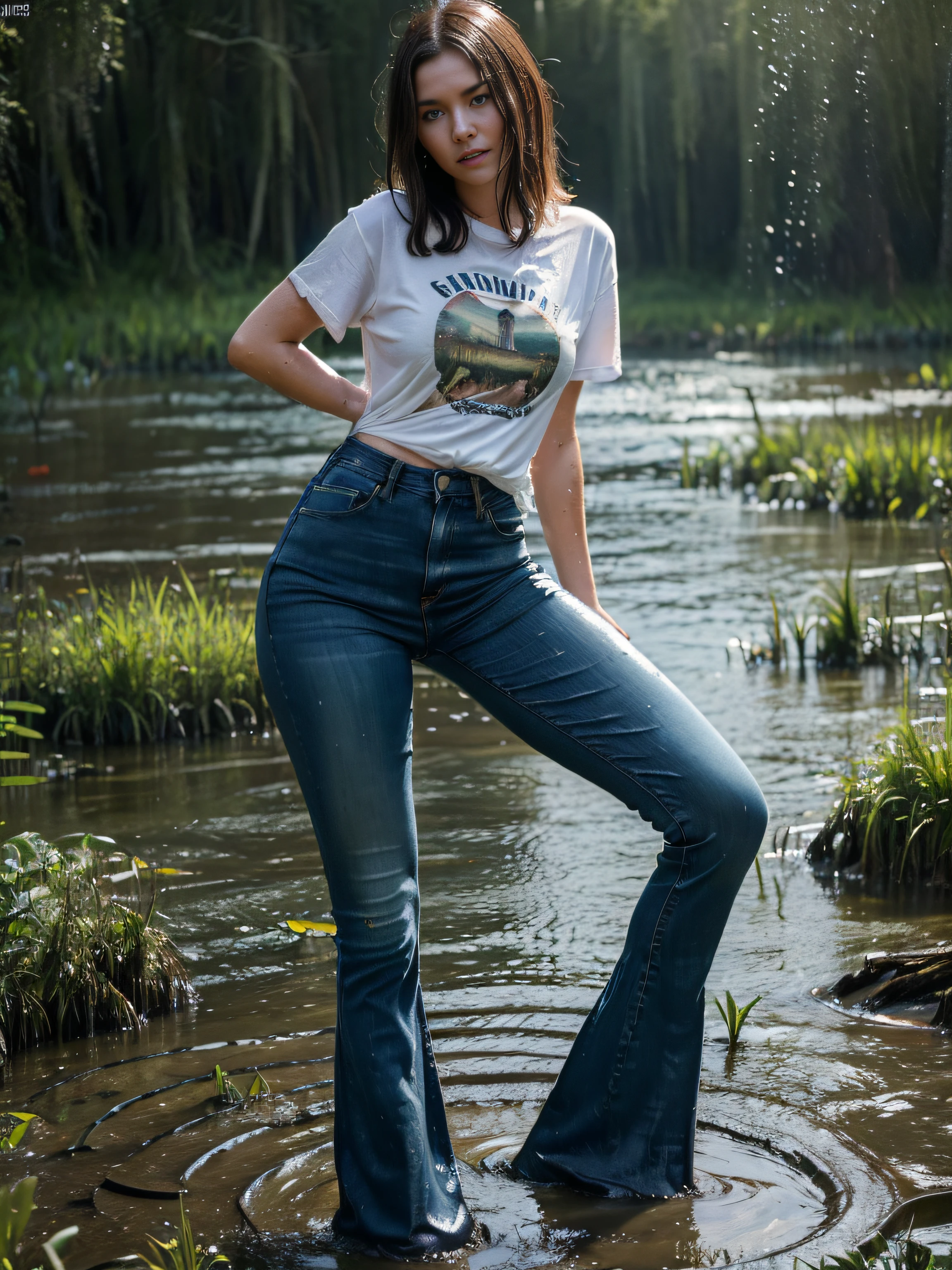 (Best Quality,hight resolution,bokeh:1.2),(Swamp water in the foreground:1.37),The woman,(standingn:1.0),(Feet submerged in the swamp:1.0),(Wide flares on jeans:1.27),(Water-soaked clothing:1.1),Pronounced wrinkles,Bob haircut,Detailed eyes and face,tshirt,expression of despair,reddened face,adrenaline,Imminent Doom,desperation,(gloomy ecstasy:1.0), Posing,
