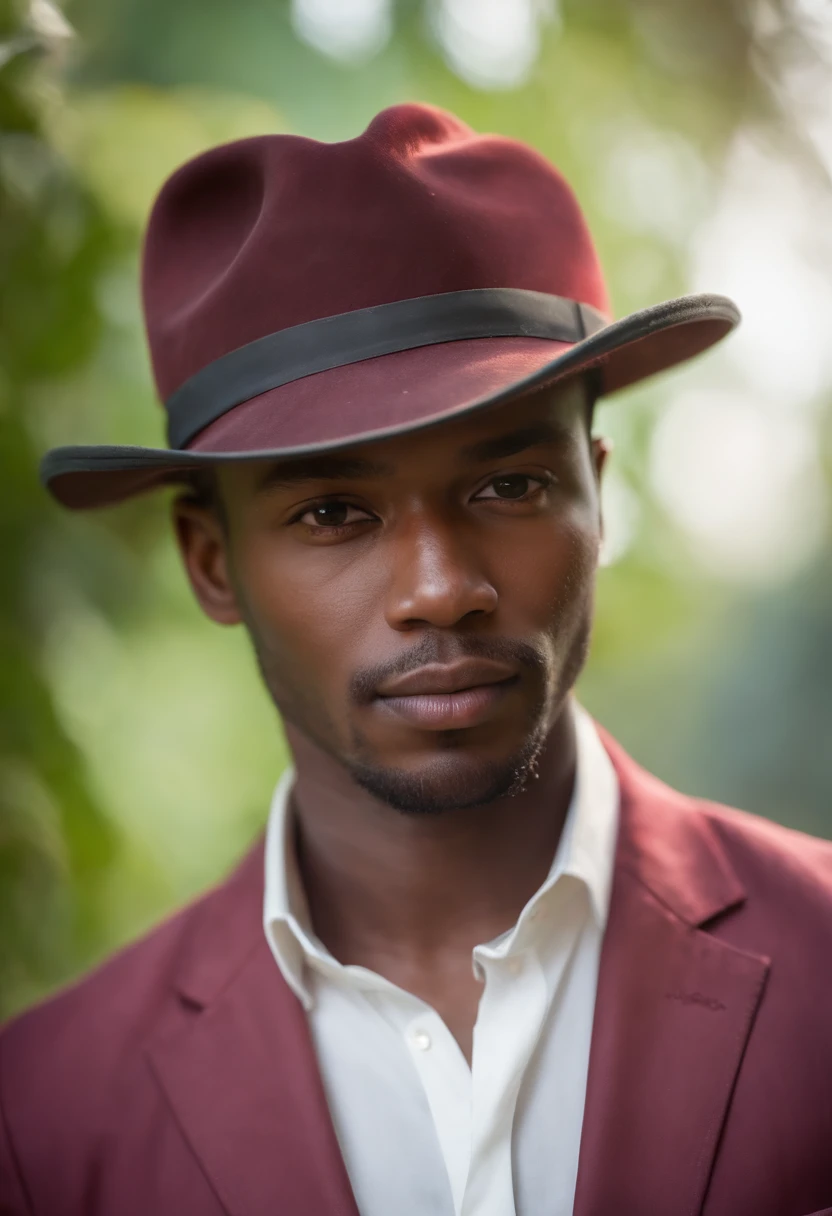 dark-haired black man African in a hat and white shirt, green cloth in the background, vibrant colors, in the style of ultrafine detail, high quality photo,cowboy shot eys red light effect