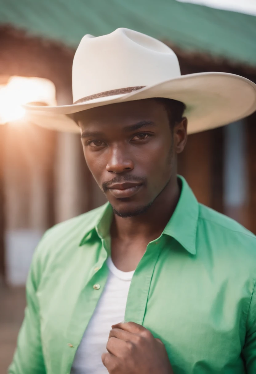 dark-haired black man African in a hat and white shirt, green cloth in the background, vibrant colors, in the style of ultrafine detail, high quality photo,cowboy shot eys red light effect