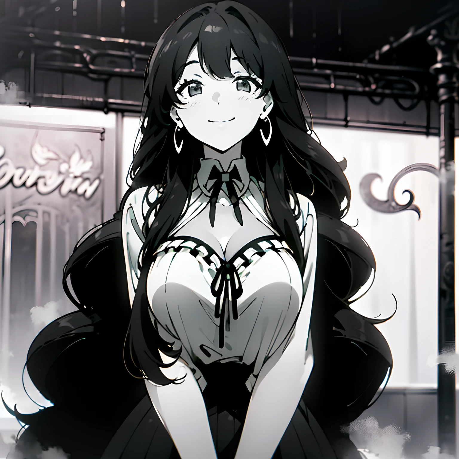 ((Masterpiece, solo, upper body, black and white, monochrome, night, steam), street, old cars, streetlamps), cute anime girl standing, city street, ((smiling, black hair, long hair, wavy hair, cleavage, large breasts)), earrings, white dress shirt, striped skirt, ribbon
