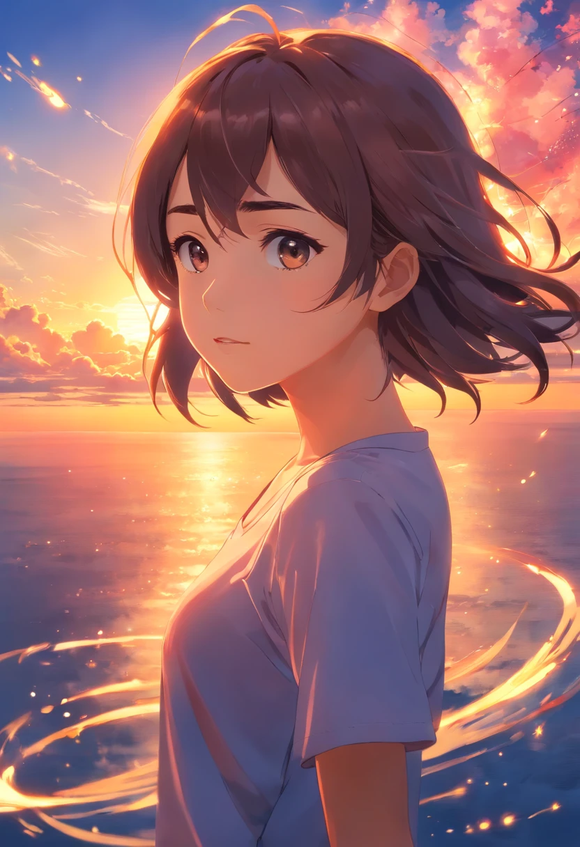 highres, HDR, masterpiece:1.2, realistic, floating girl, close-up, vibrant colors, serene expression, soft and warm lighting, sunset, clouds, sparks:0.7