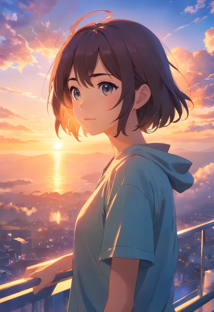 highres, HDR, masterpiece:1.2, realistic, floating girl, close-up, vibrant colors, serene expression, soft and warm lighting, sunset, clouds, sparks:0.7