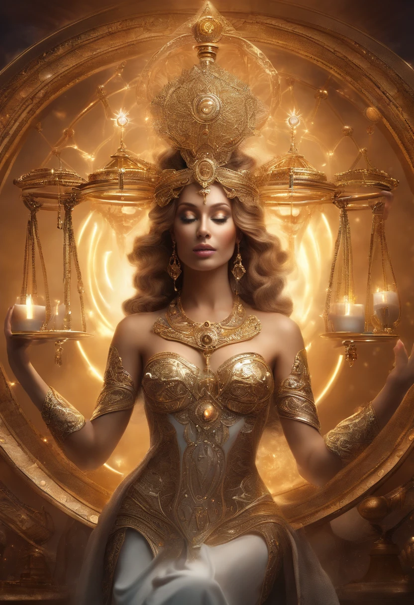 Goddess Themis of Cosmic Justice, olhos fechados com um pano branco, Biomechanicals, incrivel, assustador, pesadelo, cores muito brilhantes, light particles, com luz brilhante,  with detailed arms, Arte do papel de parede, mulher perfeita realistica
