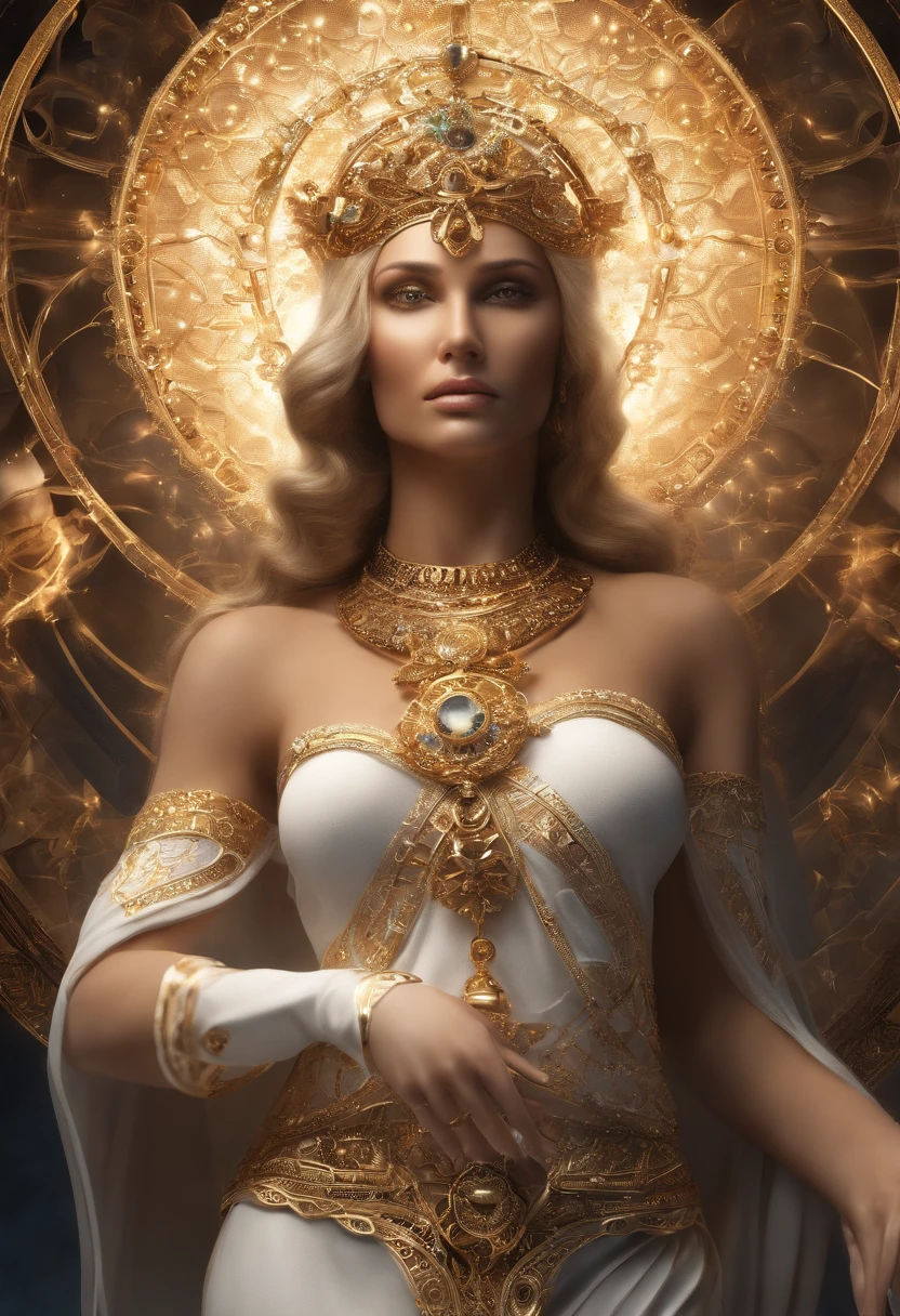 Goddess Themis of Cosmic Justice, olhos fechados com um pano branco, Biomechanicals, incrivel, assustador, pesadelo, cores muito brilhantes, light particles, com luz brilhante,  with perfect arms and hands, Arte do papel de parede, mulher perfeita realistica