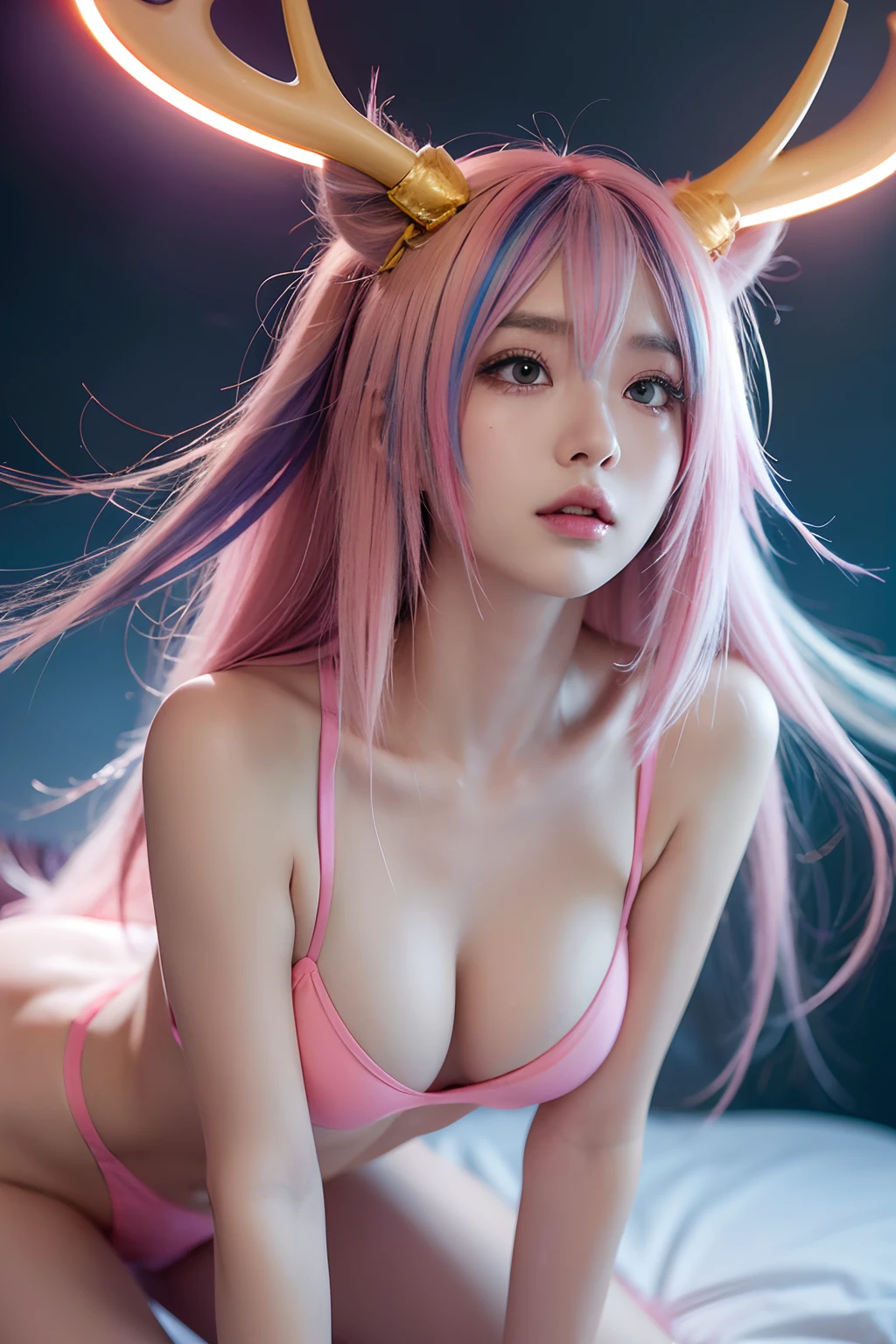 streaked hair, colored inner hair, ahoge, gradient hair, antlers, bell, heart-shaped pupils, color contact lenses, pink eyes, long pointy ears, kemonomimi mode, heart in eye, torogao, ahegao, oral invitation, anime style, motion blur, ray tracing, reflection light, UHD, masterpiece, textured skin, high details, highres, super detail, anatomically correct, ccurate