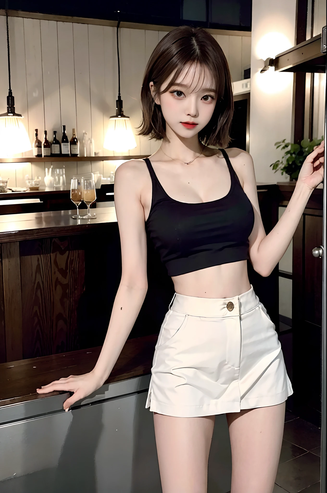 Top image quality、Raw photography、超A high resolution、An 18-year-old woman、Shooting for one person only、Gravure photography、big round chest、cleavage of the breast、tshirts、Tank Tops、a miniskirt、Wearing a black skirt、swim wears、Beautiful Eyes of Details、very elongated eyes、Beautiful eyelashes、Beautiful double eyelids、very slender legs、Shorthair with light brown hair、very slender physique、Laughing、nighttime scene、Stylish Bar