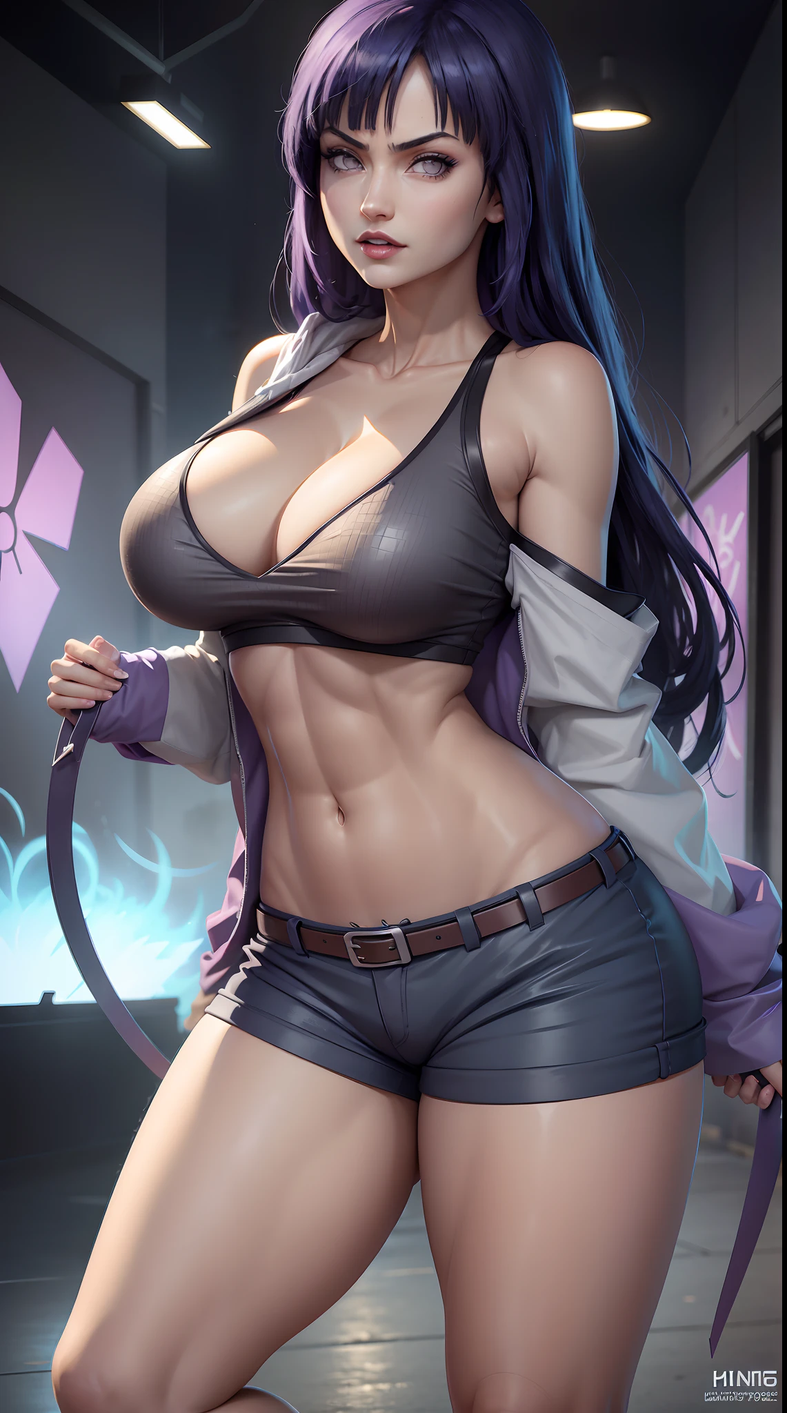 hinata hyuga, tatuagem, sexy, bunda grande, pernas grossas, 8k, usando roupas curtas, mostrando o umbigo, tatoo, kunai in hands