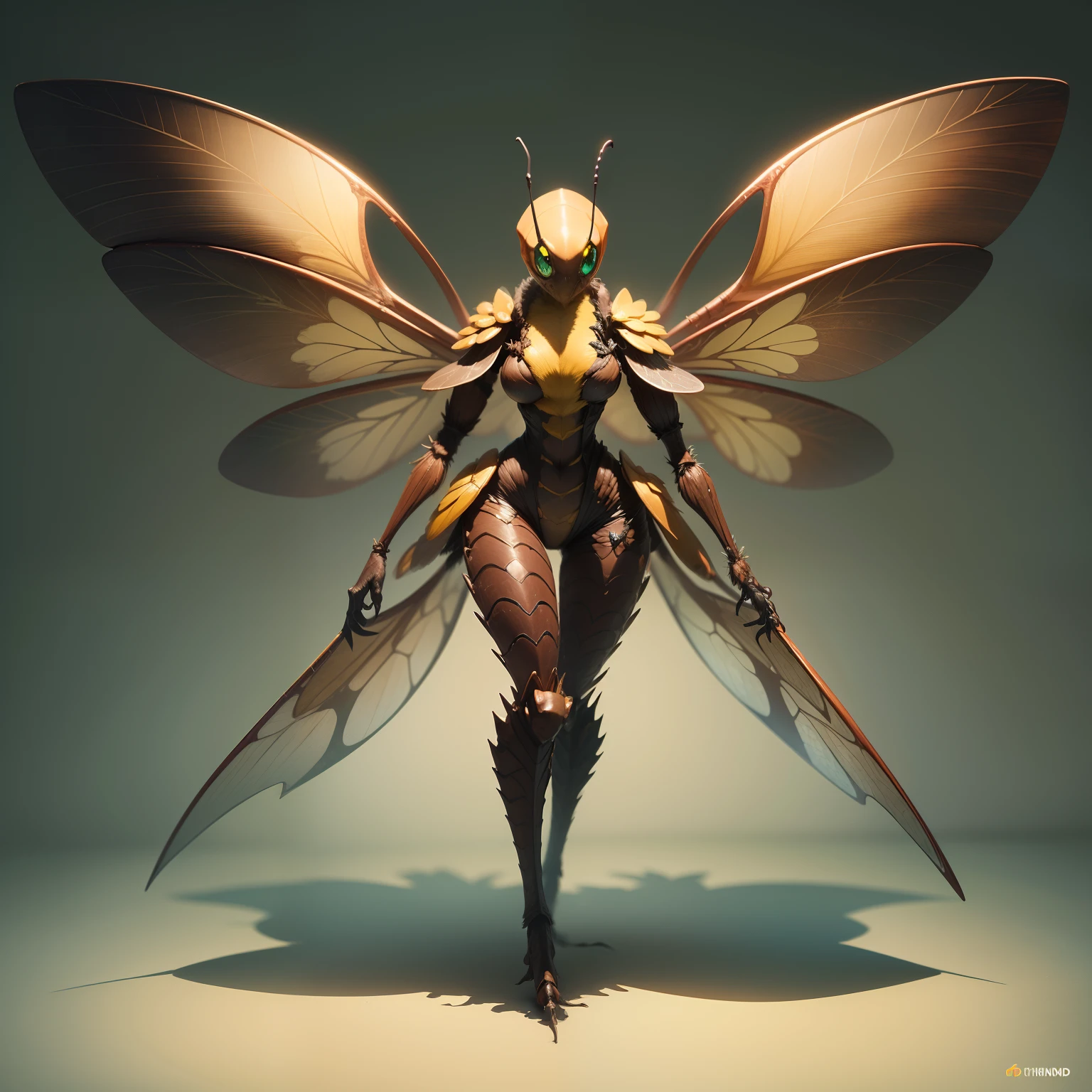 Feminine insect humanoid creature, Four arms, wings Similar to a bee, Yellow and black color design、 Faceless, monstrous insect, chitin skin, large almond shaped eyes, humanoid body style, thri-kreen DnD character
