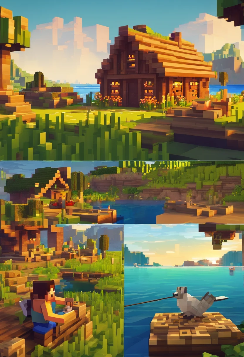 (best quality,4k,8k,highres,masterpiece:1.2),ultra-detailed,(realistic,photorealistic,photo-realistic:1.37),Minecraft landscape,Steve sitting on the shore fishing
Material: Game art, 3D rendering, pixel art, blocky style
Additional details: Beautiful sunset, vibrant colors, lush green grass, flowing water, shadows and reflections on the water surface, trees and flowers in the background, small animals like birds and butterflies flying around, details of fish swimming in the water, Steve wearing a blue shirt and jeans, holding a fishing rod, focus on Steve's calm and focused expression, casting a fishing line into the water, a small boat docked nearby, a wooden fishing hut on the shore, a majestic mountain range in the distance, the sound of gentle waves, a peaceful and serene atmosphere
Art style: Pixel art, realistic style, detailed textures, vivid colors
Color tone: Warm tones, yellow and orange hues for the sunset, contrasting with cool blue tones of the water
Lighting: Soft golden light illuminating the scene, casting long shadows of trees and objects, creating a warm and inviting atmosphere
Note: Please remember to describe Steve's eyes, nose, and lips in order to avoid randomly generated facial features by Stable Diffusion.